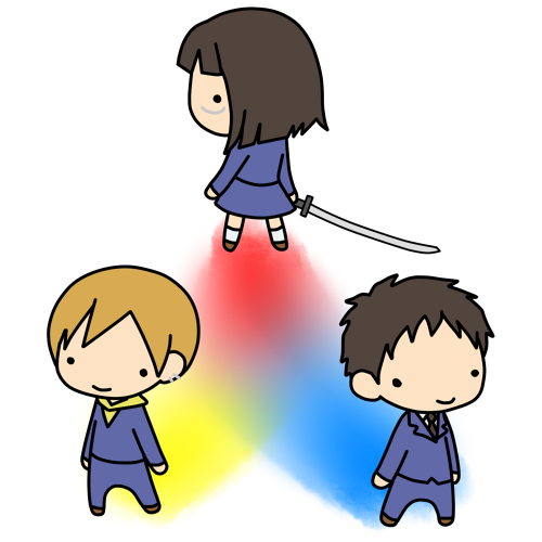 kashiwa kiseri, kida masaomi, ryuugamine mikado, sonohara anri, durarara!!, lowres, 1girl, 2boys, black hair, blonde hair, bob cut, chibi, earrings, glasses, jewelry, looking back, multiple boys, school uniform, short hair