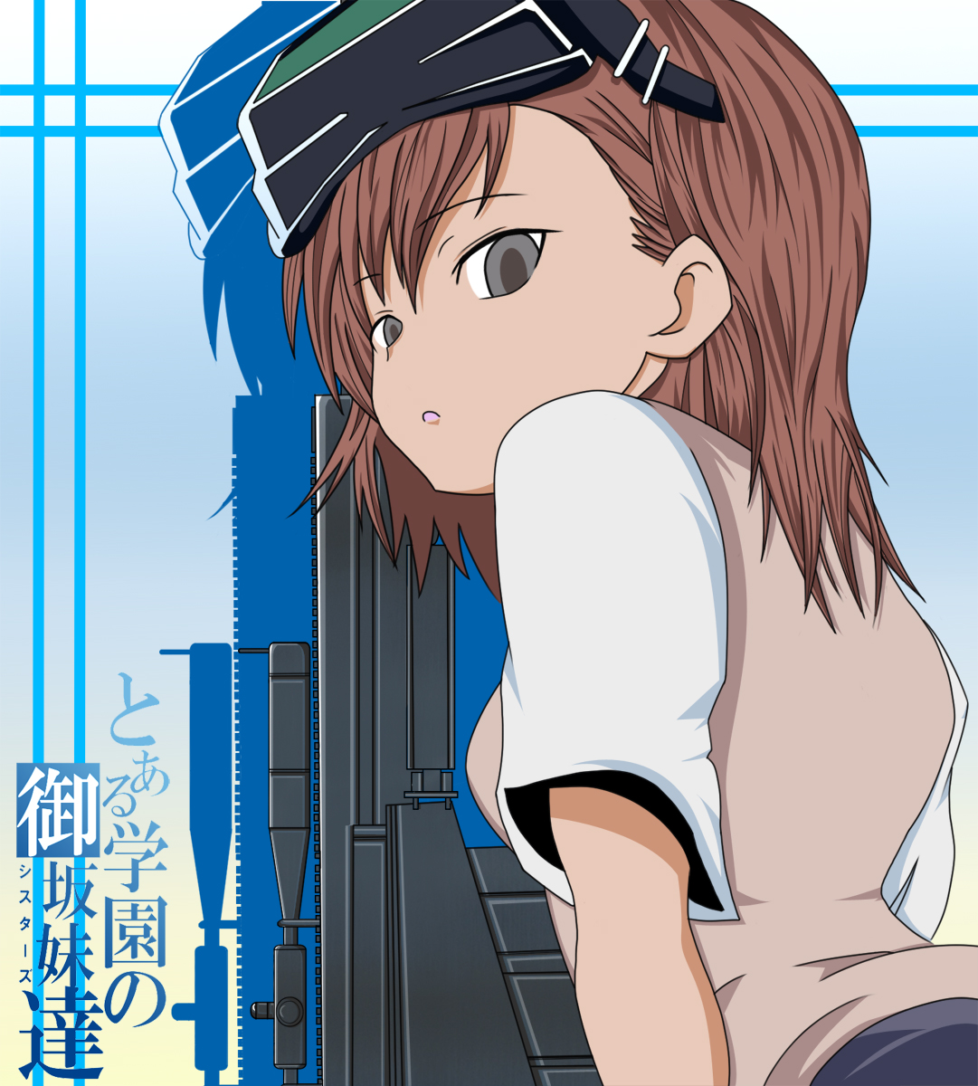 black bitou, misaka imouto, toaru kagaku no railgun, toaru majutsu no index, highres, 1girl, anti-materiel rifle, barrett m82, brown hair, empty eyes, female focus, gun, head-mounted display, looking back, medium hair, rifle, school uniform, scope, sniper rifle, solo, tokiwadai school uniform, upper body, weapon