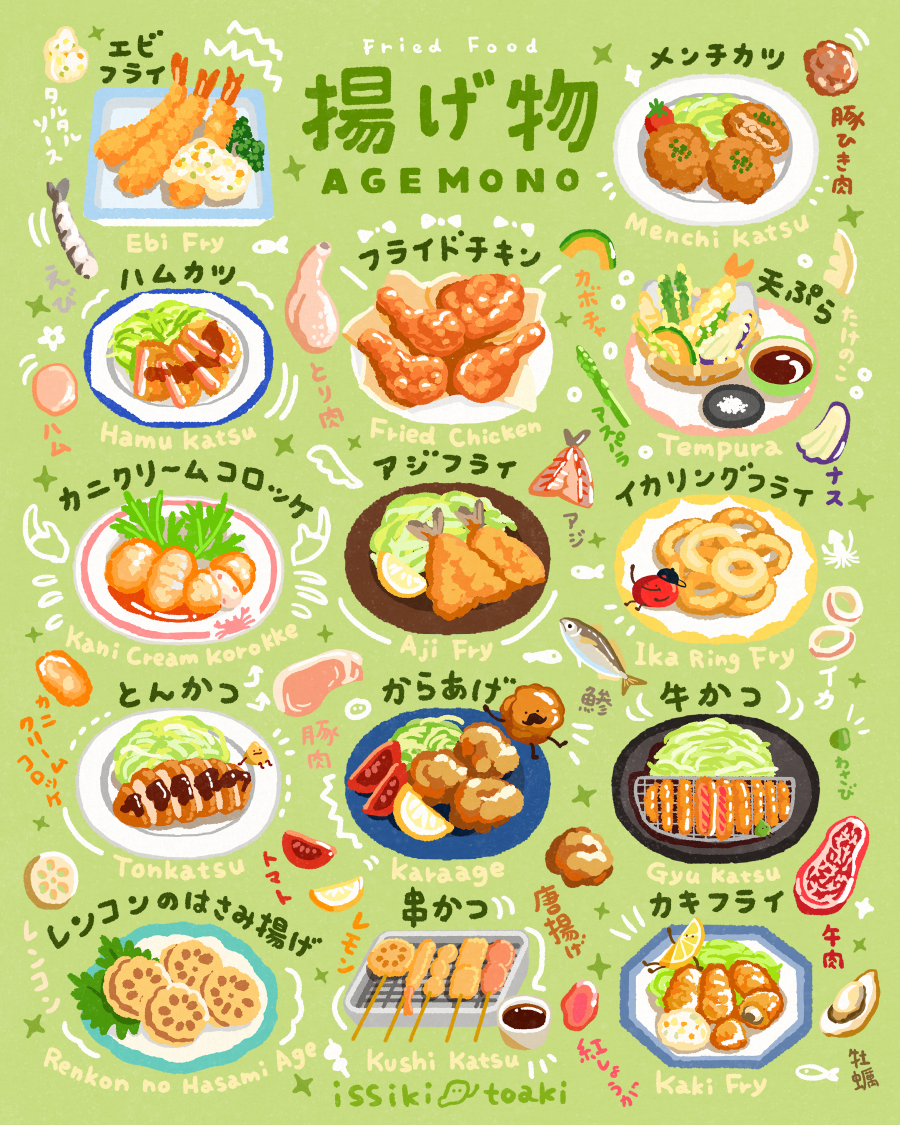 issiki toaki, original, commentary request, food request, translation request, asparagus, chicken (food), facial hair, fish, food, food focus, fried chicken, fruit, green background, ham, katsu (food), lemon, lemon slice, menchi katsu, mustache, no humans, onion rings, shrimp, shrimp tempura, skewer, squid, tempura, tomato, tomato slice
