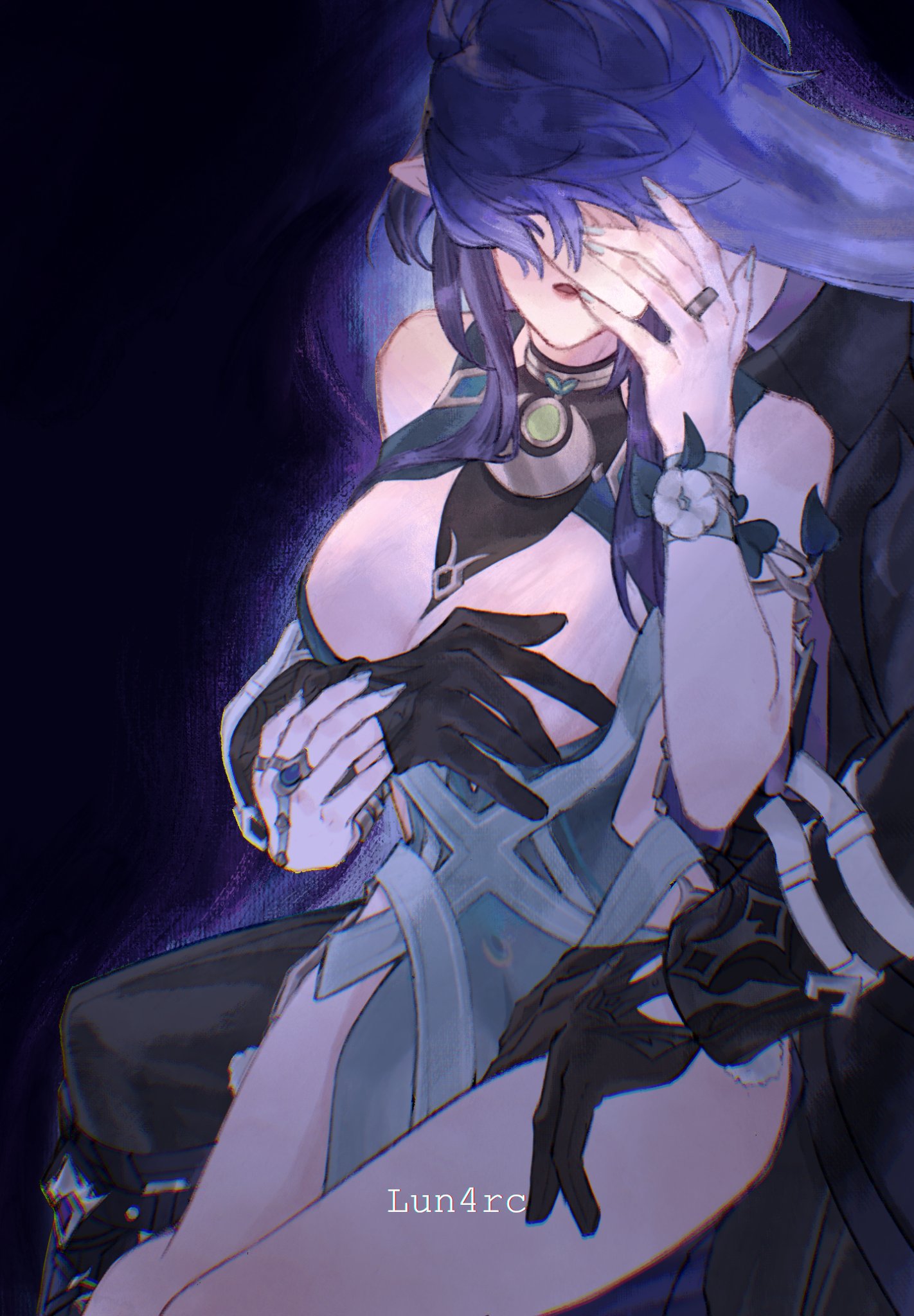 lun4rc, flins (genshin impact), lauma (genshin impact), genshin impact, commentary, english commentary, highres, 1boy, 1girl, bare shoulders, black coat, black gloves, blue background, blue hair, blue nails, breasts, cleavage, cleavage cutout, clothing cutout, coat, couple, cowboy shot, cutout above navel, flower, gloves, hand on another's face, hand on another's hand, hand on another's thigh, hetero, jewelry, large breasts, long hair, pointy ears, ring, side cutout, silver trim, sitting between legs, sleeveless, watermark