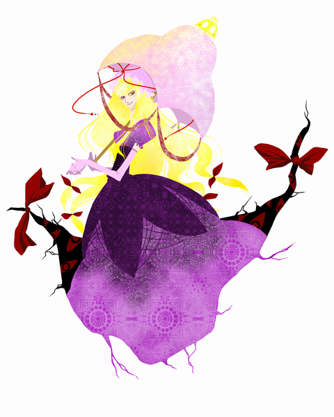 noibara, yakumo yukari, touhou, 1girl, blonde hair, female focus, full body, gap (touhou), hat, parasol, solo, umbrella, white background