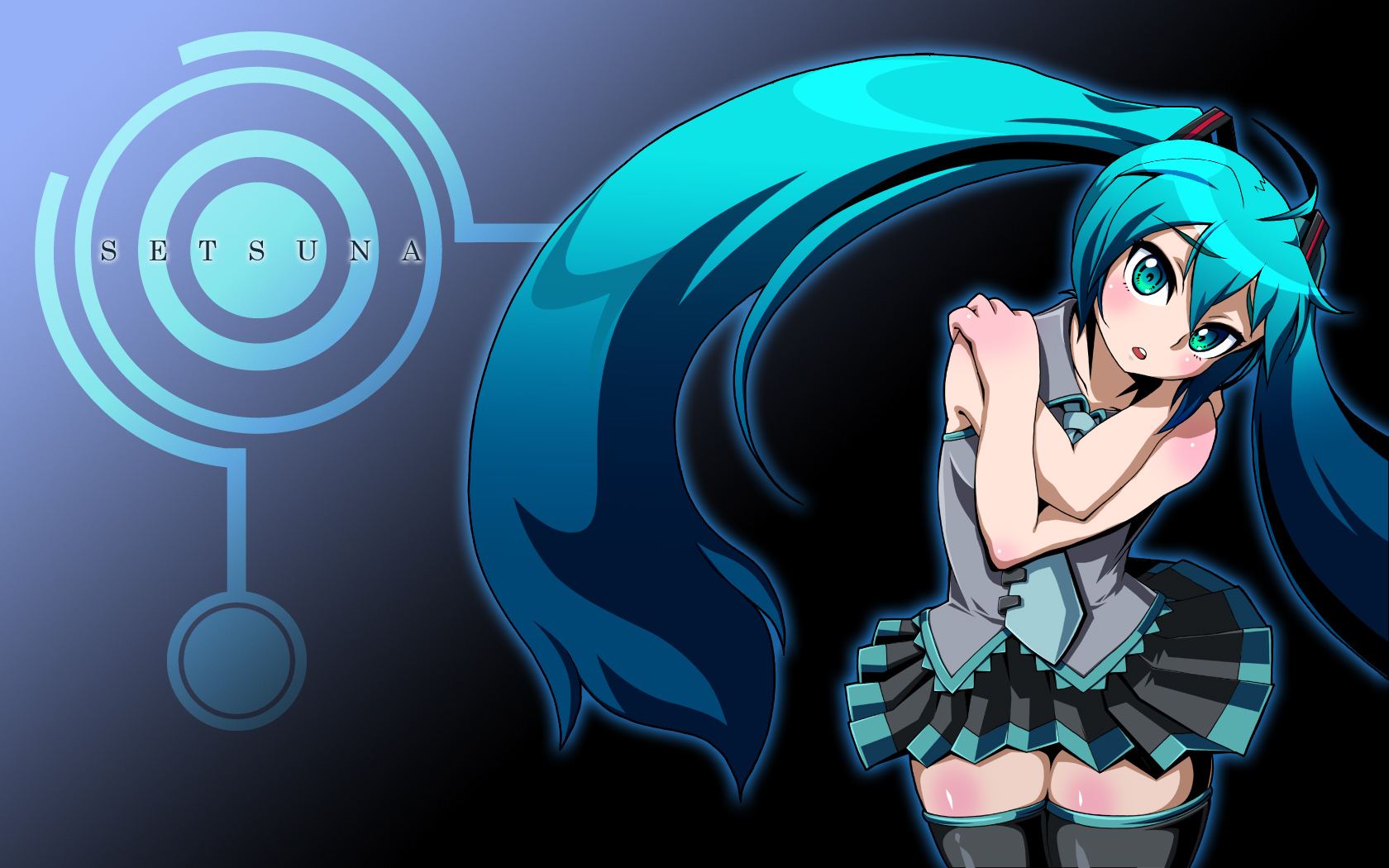 kurono, hatsune miku, vocaloid, highres, 1girl, aqua eyes, aqua hair, female focus, gradient background, long hair, necktie, skirt, solo, thighhighs, twintails, very long hair, zettai ryouiki