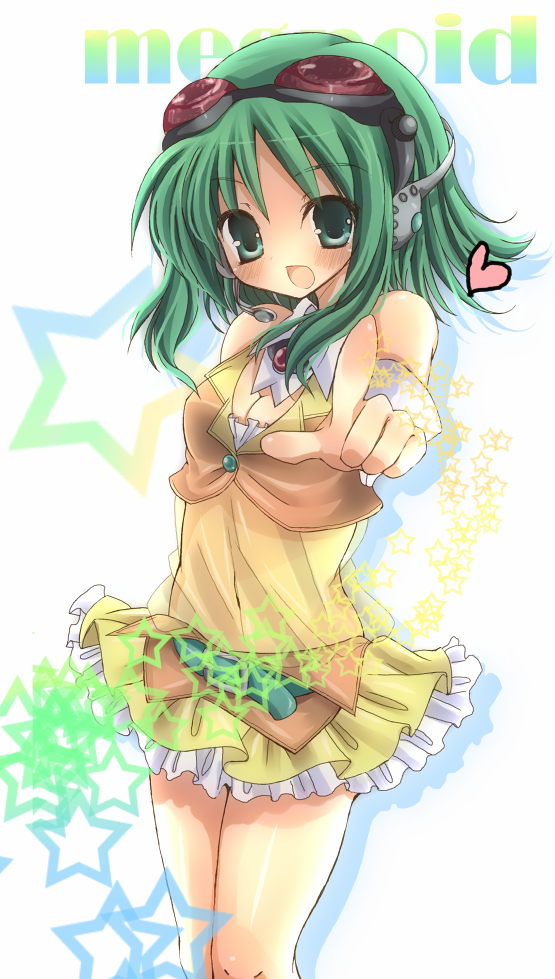 kokonidarekairu, gumi, vocaloid, bad id, bad pixiv id, 1girl, bare shoulders, breasts, cleavage, female focus, goggles, goggles on head, green eyes, green hair, headphones, heart, matching hair/eyes, medium breasts, skirt, solo, star (symbol), white background