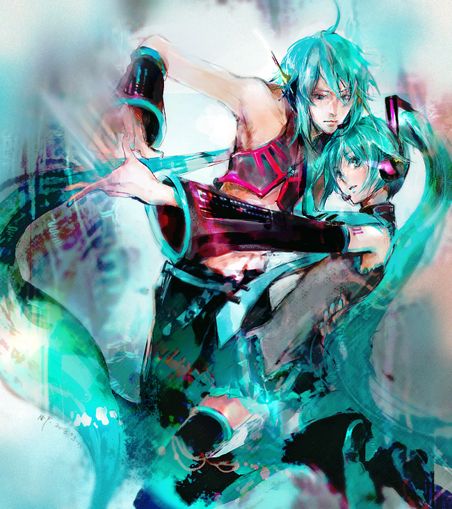 nekoif, hatsune miku, hatsune mikuo, vocaloid, 1boy, 1girl, aqua eyes, aqua hair, detached sleeves, genderswap, genderswap (ftm), headphones, headset, long hair, thighhighs, twintails