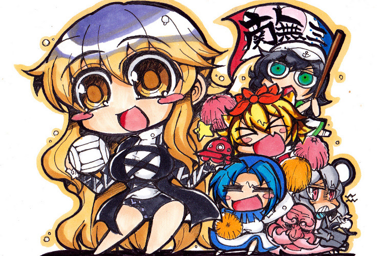 matarou (matarou072), hijiri byakuren, kumoi ichirin, murasa minamitsu, nazrin, toramaru shou, unzan, touhou, 5girls, ball, chibi, holding, holding ball, hood, multiple girls, pom pom (cheerleading), ufo, volleyball (object)