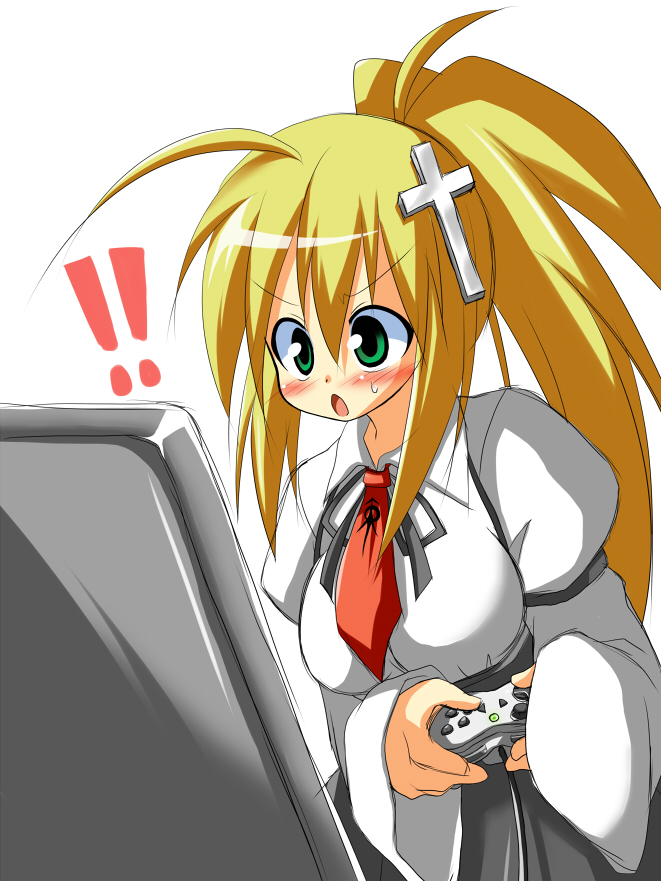 spiritia rosenberg, rosenkreuzstilette, blonde hair, cross, necktie, open mouth, playing games, playing video games, ponytail, solo, video game