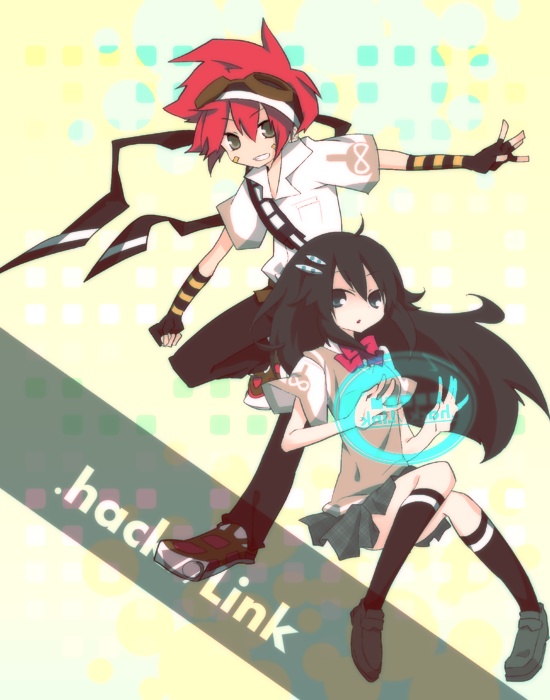 ciel arc, amagi saika, kuryuu tokio, .hack//, .hack//link, bandai, cyber connect 2, bad id, bad pixiv id, 1boy, 1girl, black hair, red hair, school uniform