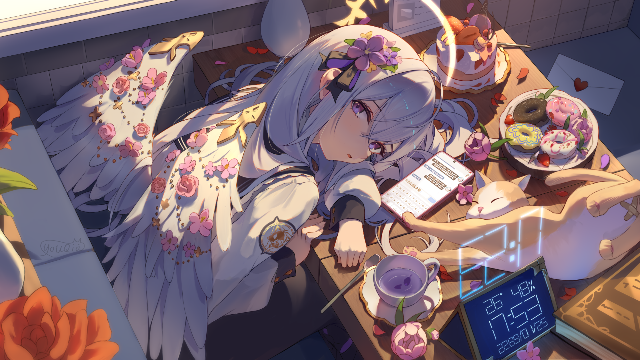 youqia, azusa (blue archive), blue archive, chinese commentary, commentary request, highres, 1girl, bent over, black skirt, blush, cat, crossed bangs, donut, drink, feathered wings, flower, food, grey hair, hair between eyes, hair flower, hair ornament, halo, indoors, long hair, open mouth, purple eyes, purple flower, shirt, skirt, solo, white shirt, white wings, wings, yellow halo