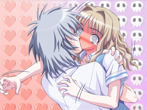 matsuryuu, kurosu taichi, yamanobe miki, cross channel, game cg, 1boy, 1girl, @ @, blonde hair, blue hair, blush, collared shirt, embarrassed, full-face blush, hair intakes, heart, heart background, hetero, hug, kiss, long hair, motion lines, panicking, school uniform, shirt, short hair, short sleeves, skull, skull background, tearing up, upper body, white shirt