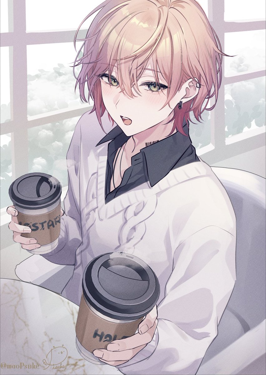 maoupiisuke, rikka (holostars), holostars, commentary, english commentary, highres, 1boy, aran sweater, armchair, barcode, barcode tattoo, black shirt, cable knit, chair, collared shirt, cup, day, disposable coffee cup, disposable cup, ear piercing, earrings, green eyes, hair between eyes, holding, holding cup, incoming drink, indoors, jewelry, looking at viewer, male focus, marble (stone), muntins, neck tattoo, necklace, open collar, open mouth, piercing, pink hair, shirt, short hair, sitting, solo, sweater, table, tattoo, upper body, virtual youtuber, white sweater, window