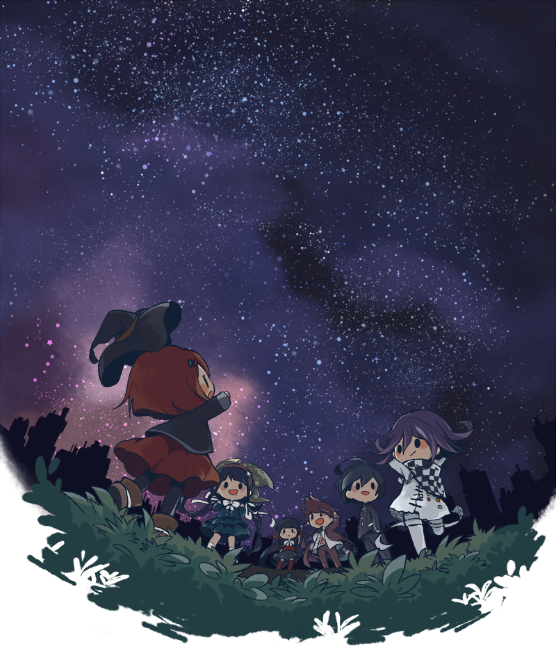 hitofutarai, chabashira tenko, harukawa maki, momota kaito, oma kokichi, saihara shuichi, yumeno himiko, danganronpa (series), danganronpa v3: killing harmony, blue gem, commentary request, 3boys, 3girls, ahoge, arms behind head, belt, black eyes, black hair, black hat, black jacket, black pants, black pantyhose, black scarf, black shoes, black skirt, blazer, blue serafuku, blue shirt, blue skirt, blunt ends, blush stickers, bob cut, boots, border, bow, bowtie, brown belt, brown boots, buttons, checkered clothes, checkered scarf, chibi, closed mouth, coat, coat partially removed, collared jacket, double-breasted, eyelashes, facial hair, flame print, floating clothes, floating hair, floral print, frilled skirt, frills, from behind, gem, gem hair ornament, goatee, grass, green bow, hair between eyes, hair bow, hair ornament, hair ribbon, hair scrunchie, hairband, hairclip, hand on own hip, happy, hat, hat belt, hat loss, high collar, jacket, kneehighs, long hair between eyes, long sleeves, low twintails, miniskirt, mole, mole under eye, multicolored buttons, multiple boys, multiple girls, night, open belt, open clothes, open jacket, open mouth, outdoors, pants, pantyhose, pink hairband, pinstripe jacket, pinstripe pants, pinstripe pattern, pleated skirt, pocket, pointing, pointing up, print bow, print shirt, purple coat, purple hair, purple pants, purple sky, red hair, red scrunchie, red shirt, red skirt, red thighhighs, ribbon, scarf, school uniform, scrunchie, serafuku, shirt, shoes, short hair, skirt, skirt set, sky, skyline, sleeve cuffs, sleeves past wrists, socks, solid oval eyes, space print, spiked hair, standing, star (sky), starry sky, starry sky print, thigh belt, thigh strap, thighhighs, torn clothes, torn jacket, twintails, two-sided coat, two-sided fabric, two-tone scarf, white belt, white border, white bow, white bowtie, white jacket, white pants, white ribbon, white scarf, white shirt, white socks, wind, witch hat