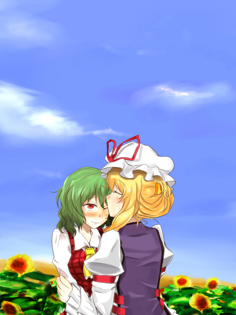 poshi (ginmokusei), kazami yuuka, yakumo yukari, touhou, 2girls, alternate hairstyle, ascot, blonde hair, blush, closed eyes, day, female focus, flower, ginmoku poshi, green hair, hat, kiss, kissing forehead, multiple girls, one eye closed, plaid clothes, plaid vest, puffy sleeves, red eyes, short hair, sky, smile, sunflower, tabard, upper body, vest, yuri