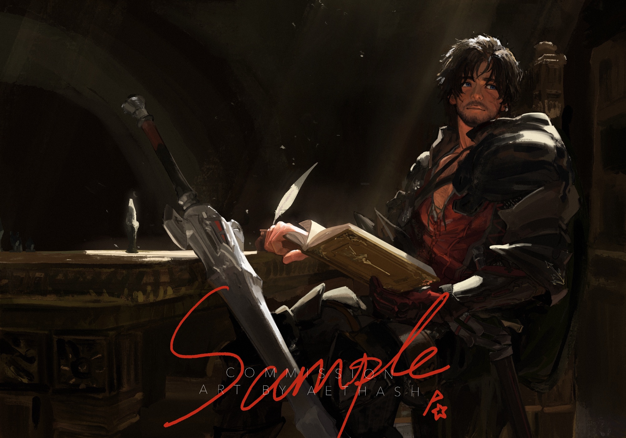 clive rosfield, final fantasy, final fantasy xvi, commentary, commission, english commentary, highres, 1boy, aethash, armor, beard, black cape, black hair, black pants, black shirt, book, cape, chair, chinstrap beard, collared shirt, facial hair, facial scar, holding, holding book, holding quill, light rays, long sleeves, looking to the side, male focus, mustache, open book, open clothes, open shirt, pants, parted hair, quill, red shirt, sample watermark, scar, scar on cheek, scar on face, shirt, sideways glance, sitting, solo, sunbeam, sunlight, sword, table, watermark, weapon
