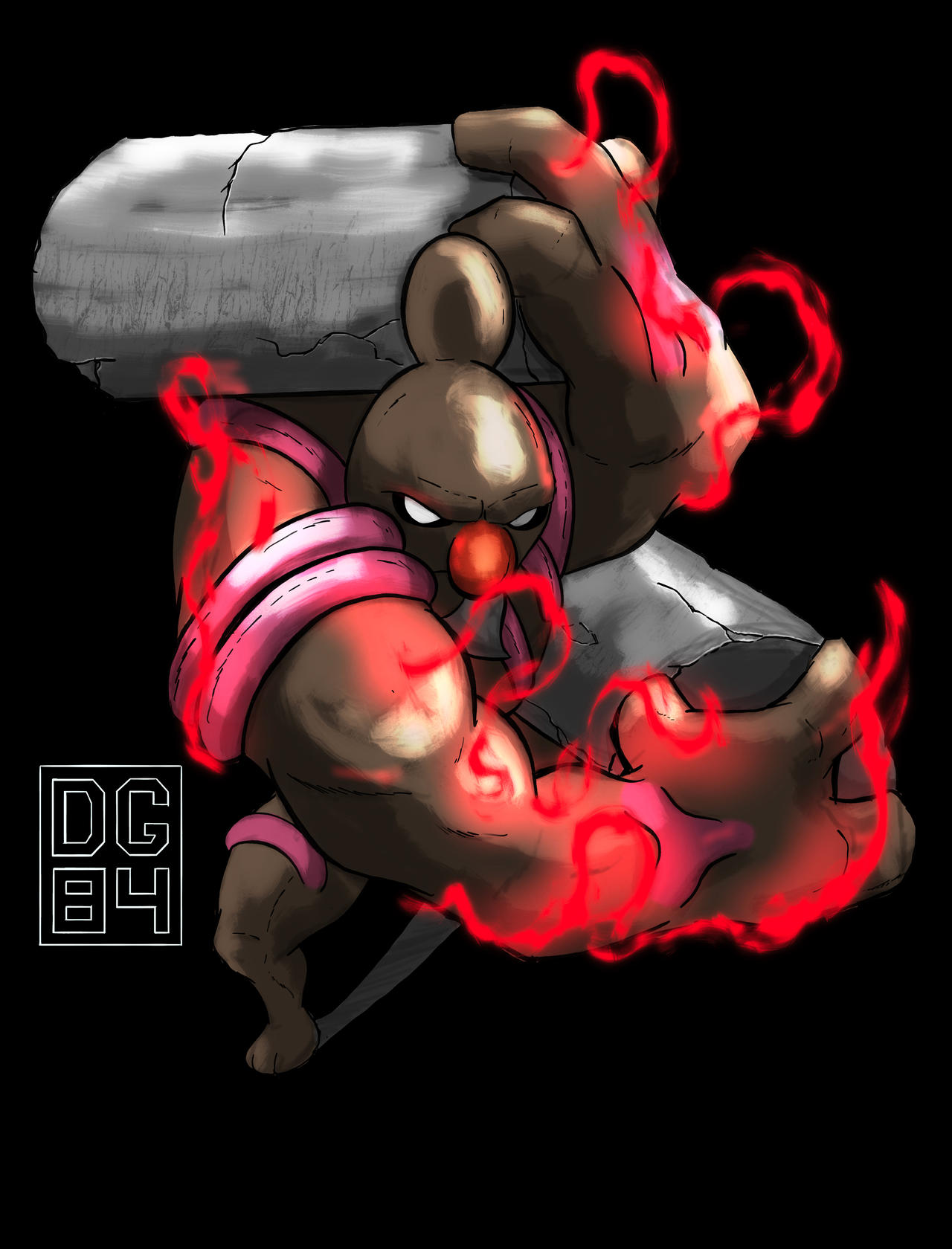 conkeldurr, nintendo, pokemon, commentary, english commentary, highres, aura, black background, closed mouth, digitalgomez, empty eyes, full body, gen 5 pokemon, holding, muscular, pokemon (creature), pokemon focus, red nose, simple background, solo