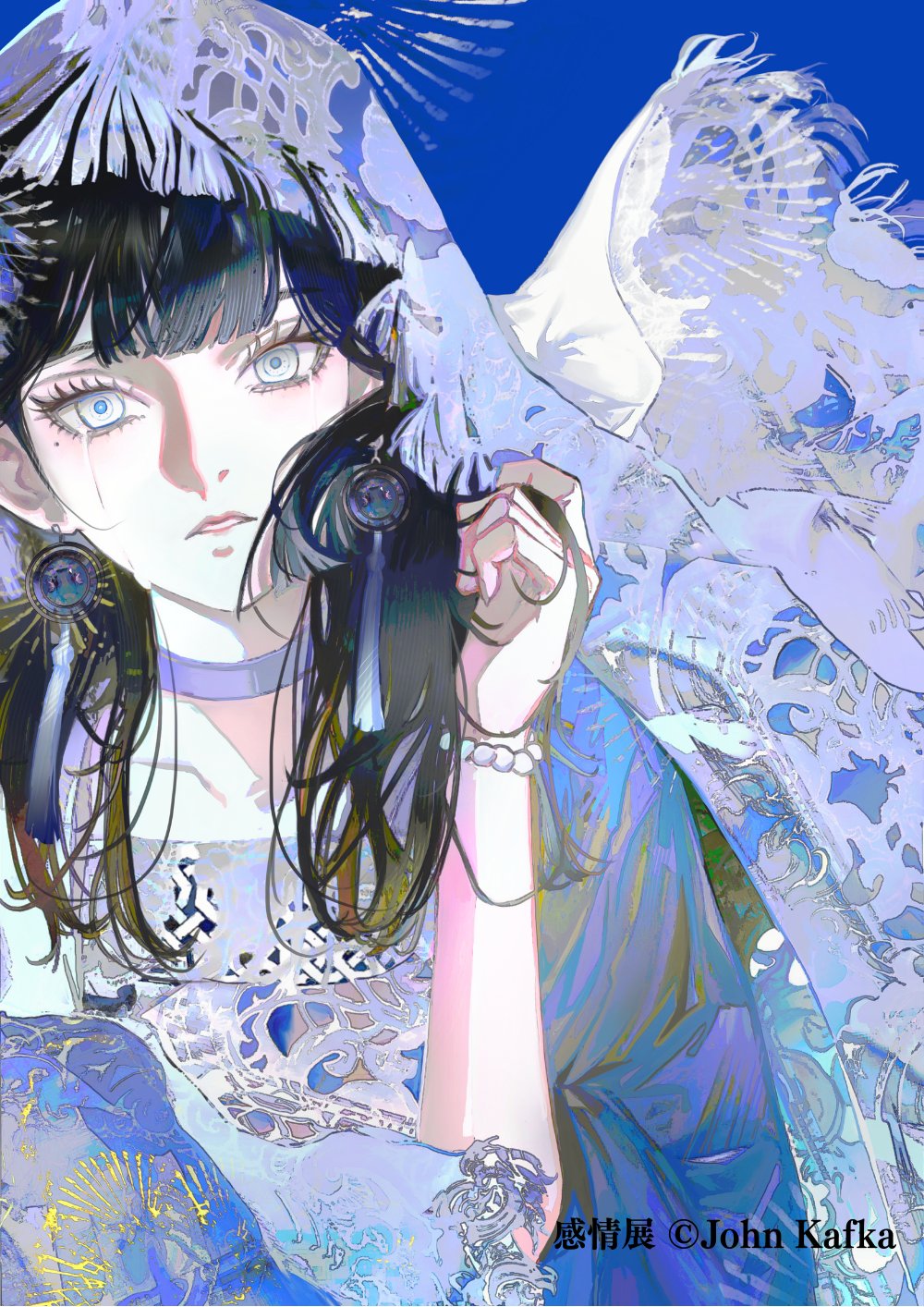 john kafka, original, commentary request, highres, second-party source, 1girl, bead bracelet, beads, black hair, bracelet, choker, crying, crying with eyes open, dress, earrings, jewelry, long hair, mole, mole under eye, parted lips, solo, tears, upper body, veil, white choker, white dress, white eyes, white veil