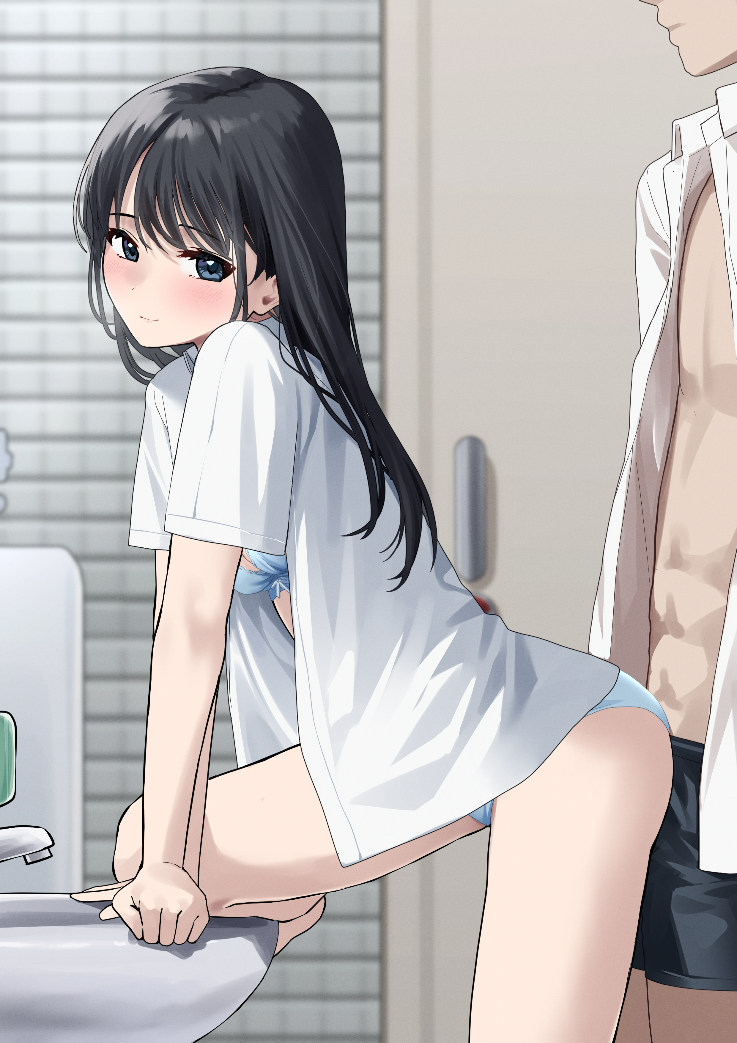 nagio (kiona), original, absurdres, commentary request, highres, 1boy, 1girl, black hair, black male underwear, blue bra, blue panties, bra, collared shirt, head out of frame, hetero, indoors, leg lift, looking at viewer, looking to the side, male underwear, open clothes, open shirt, panties, sexually suggestive, shirt, short sleeves, sink, standing, thighs, underwear, white shirt