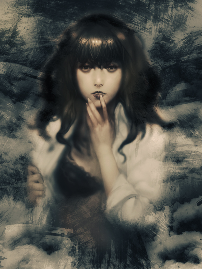 ekao, kiyama harumi, toaru kagaku no railgun, toaru majutsu no index, bad id, bad pixiv id, 1girl, bags under eyes, black eyes, black hair, bra, brown eyes, brown hair, female focus, finger to mouth, fingernails, lab coat, lingerie, lips, long fingernails, long hair, nail (hardware), realistic, sleeves rolled up, solo, underwear