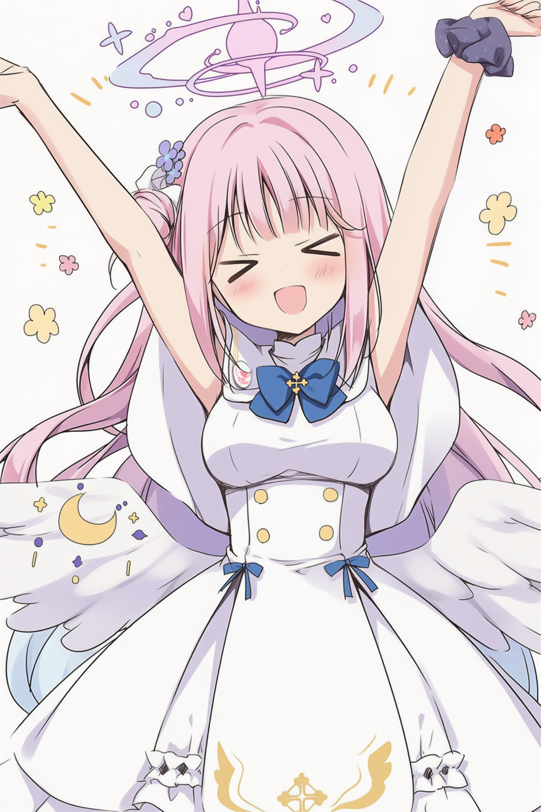 aikumofuwari, mika (blue archive), blue archive, absurdres, commentary request, highres, > <, 1girl, angel wings, aqua hair, arms up, black scrunchie, blue bow, blush, bow, breasts, buttons, capelet, closed eyes, crescent, double-breasted, feathered wings, flower, gold trim, gradient hair, hair bun, hair flower, hair ornament, halo, large breasts, low wings, multicolored hair, open mouth, pink hair, pink halo, scrunchie, simple background, single hair bun, single side bun, smile, solo, white capelet, white overskirt, white wings, wing ornament, wings, wrist scrunchie