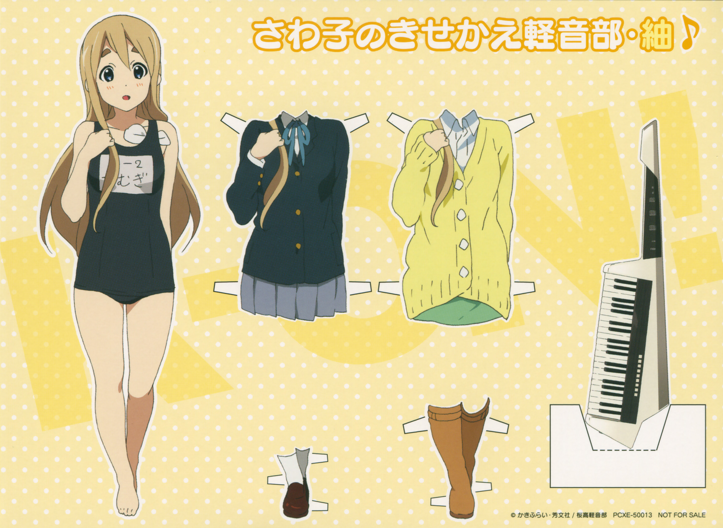 kotobuki tsumugi, k-on!, eyebrows, highres, official art, scan, 1girl, barefoot, blonde hair, blue eyes, female focus, instrument, keytar, legs, long hair, object in clothes, object in swimsuit, one-piece swimsuit, paper doll, school swimsuit, school uniform, skirt, solo, sweater, swim cap, swimsuit
