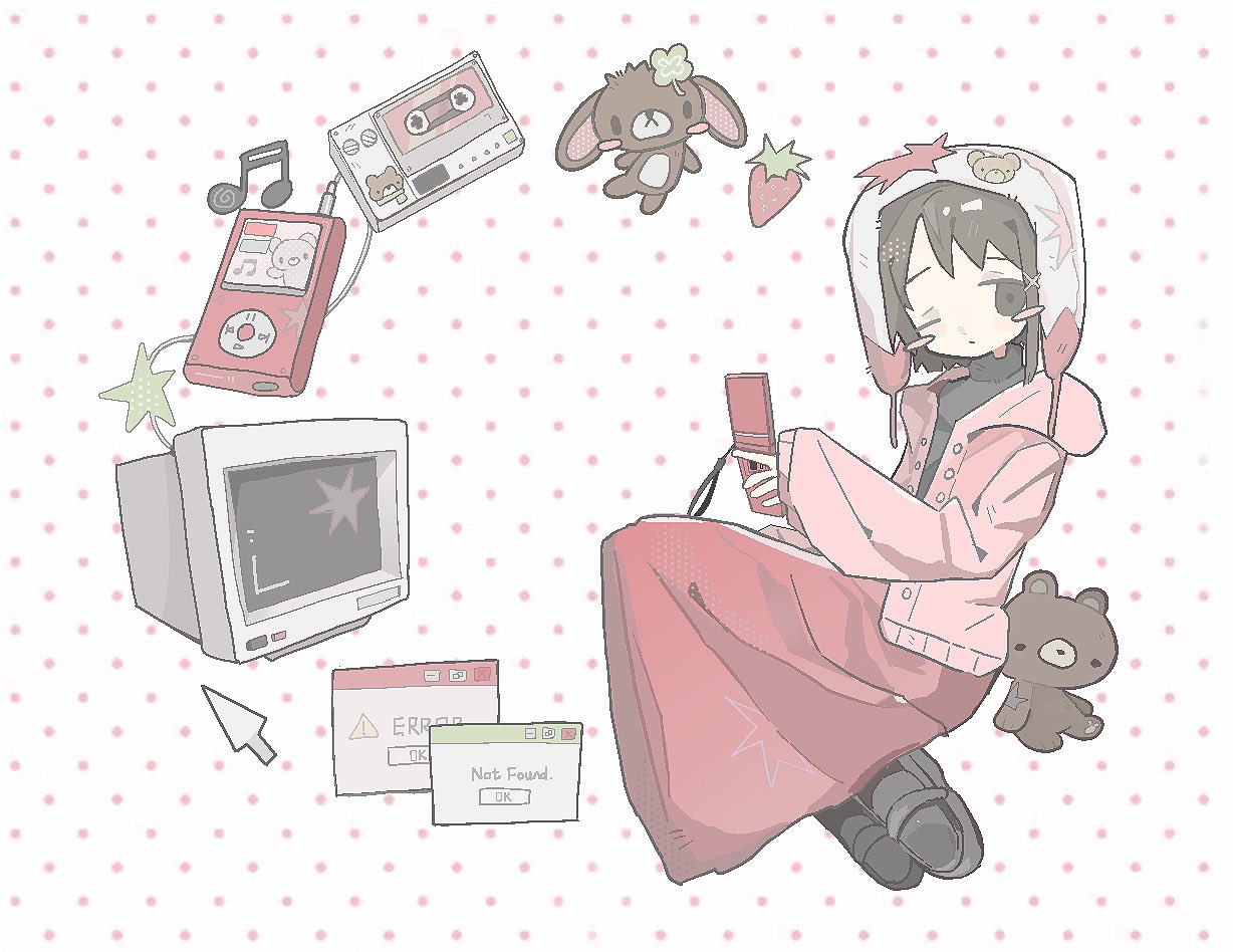 matoka7, iwakura lain, serial experiments lain, commentary, hashtag-only commentary, 1girl, black eyes, black hair, black shoes, cardigan, cassette tape, cellphone, closed mouth, crt, flip phone, food, fruit, full body, hat, holding, holding phone, hood, hood down, hooded cardigan, long skirt, long sleeves, mp3 player, musical note, one eye closed, open cardigan, open clothes, phone, pink cardigan, polka dot, polka dot background, red skirt, shoes, short hair, skirt, solo, strawberry, stuffed animal, stuffed toy, teddy bear, white background, white hat, window (computing)