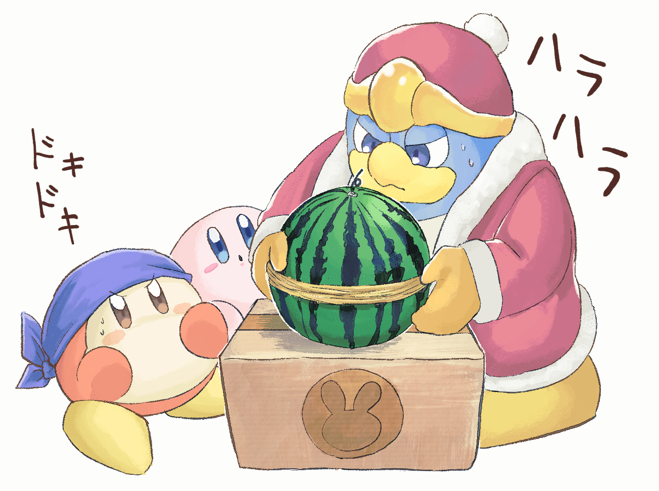 yopoyopo 5959, bandana waddle dee, king dedede, kirby, kirby (series), nintendo, commentary request, translation request, :o, bandana, blue bandana, blue eyes, blush, blush stickers, box, brown eyes, cardboard box, closed mouth, food, fruit, gloves, hat, jacket, long sleeves, no humans, open clothes, open jacket, orange gloves, red hat, red jacket, rubber band, simple background, sweat, watermelon, white background