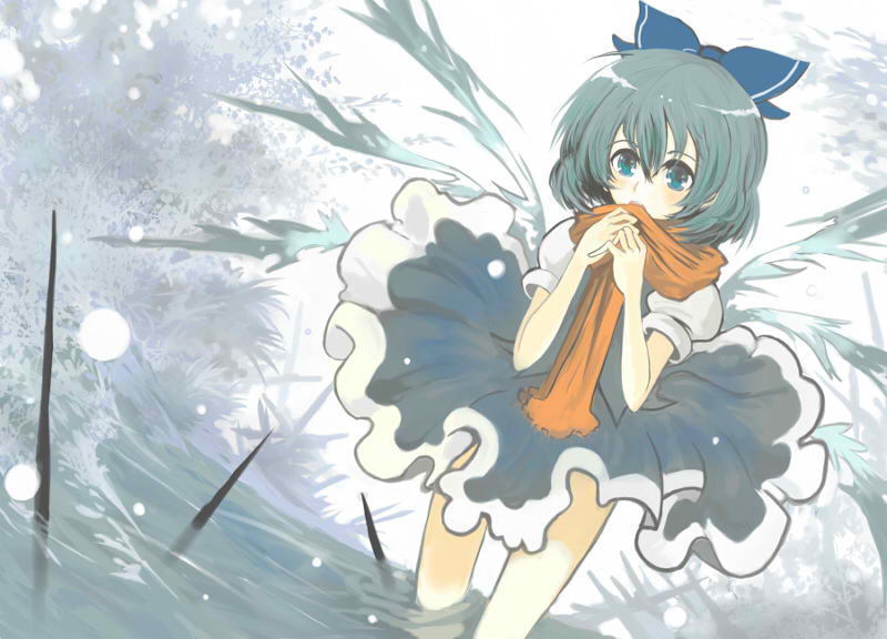 sasurai susuki, cirno, cirno-nee, perfect cherry blossom, touhou, 1girl, blue dress, blue eyes, blue hair, bow, dress, female focus, hair between eyes, hair bow, ice, ice wings, matching hair/eyes, multiple wings, scarf, short hair, snow, solo, wings