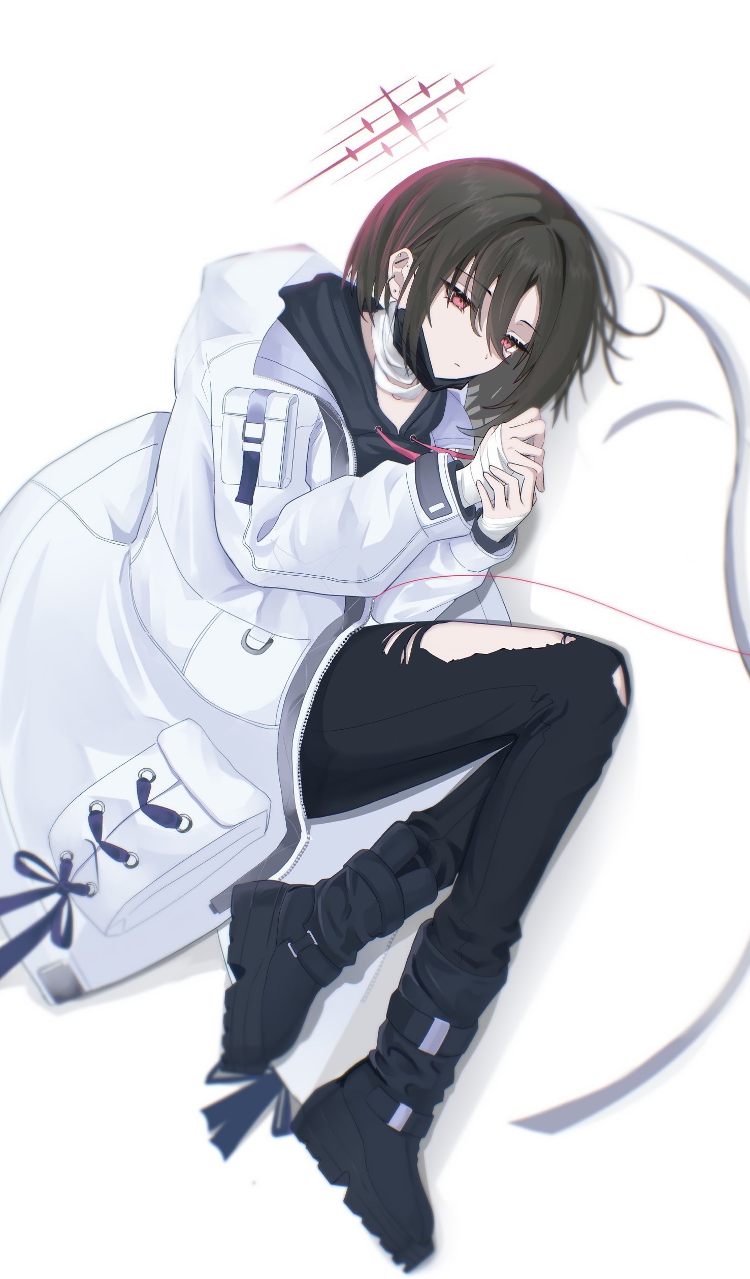 misaki (blue archive), blue archive, absurdres, commentary request, highres, 1girl, bandaged hand, bandaged neck, bandages, barbell piercing, black hoodie, black mask, black pants, boots, brown hair, ear piercing, expressionless, fetal position, full body, halo, hood, hooded jacket, hoodie, industrial piercing, jacket, lying, mask, mask pull, moutanmen5, mouth mask, on side, own hands together, pants, piercing, red eyes, red halo, short hair, solo, star halo, string, surgical mask, torn clothes, torn pants, white jacket