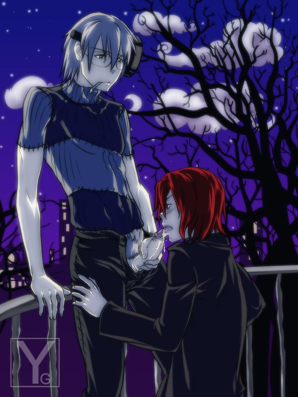 yanagoya, death scythe (spirit), dr franken stein, soul eater, cigarette, cum, oral, outdoors, penis, red hair, scar, yaoi