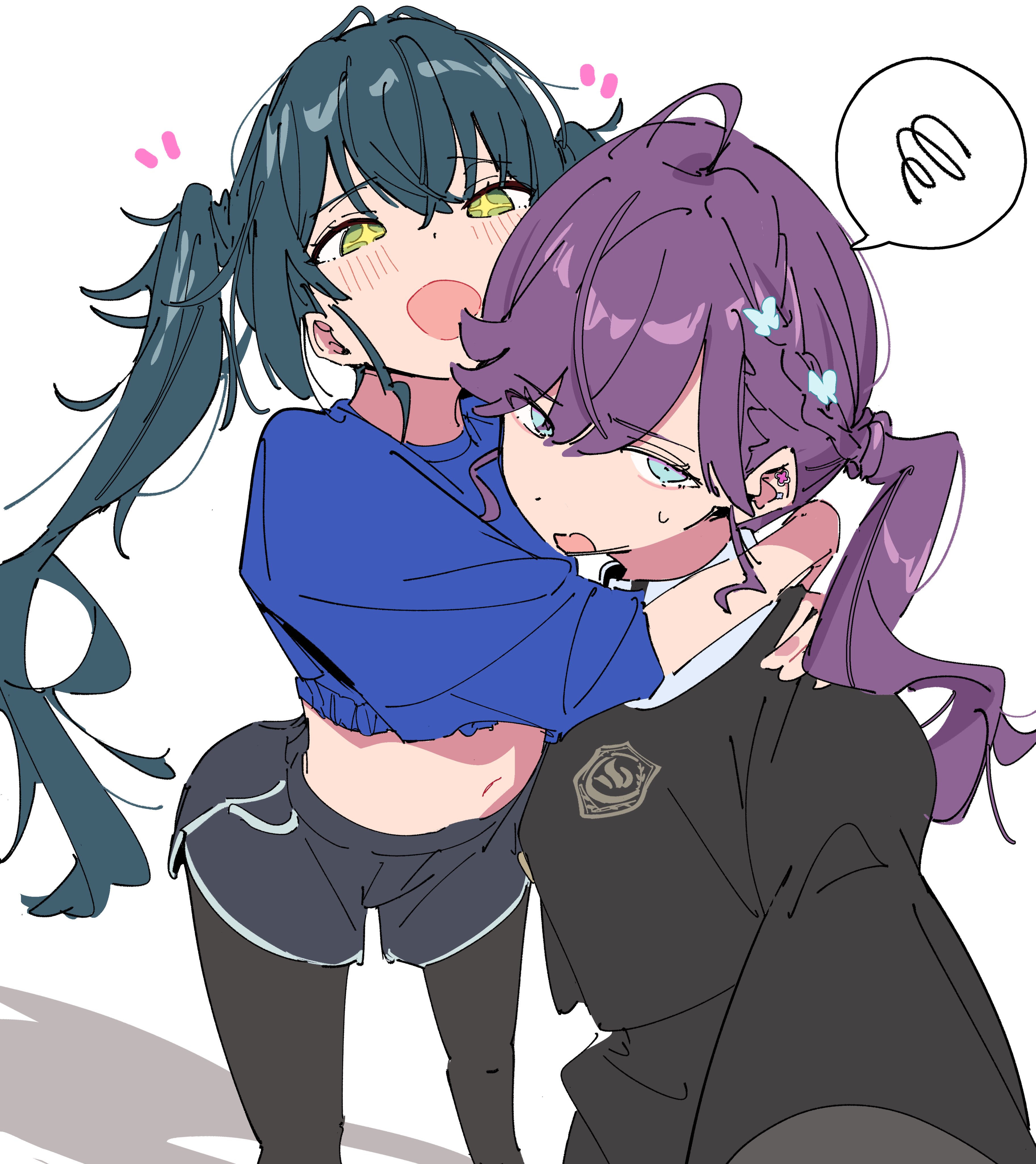 atenaba, kaya rinha, tsukimura temari, gakuen idolmaster, idolmaster, absurdres, highres, 2girls, black pantyhose, black shirt, blue hair, blue shirt, crop top, ear piercing, green eyes, hug, long sleeves, midriff, multiple girls, pantyhose, pantyhose under shorts, piercing, purple hair, shirt, short sleeves, shorts, simple background, spoken squiggle, squiggle, twintails, white background, yuri