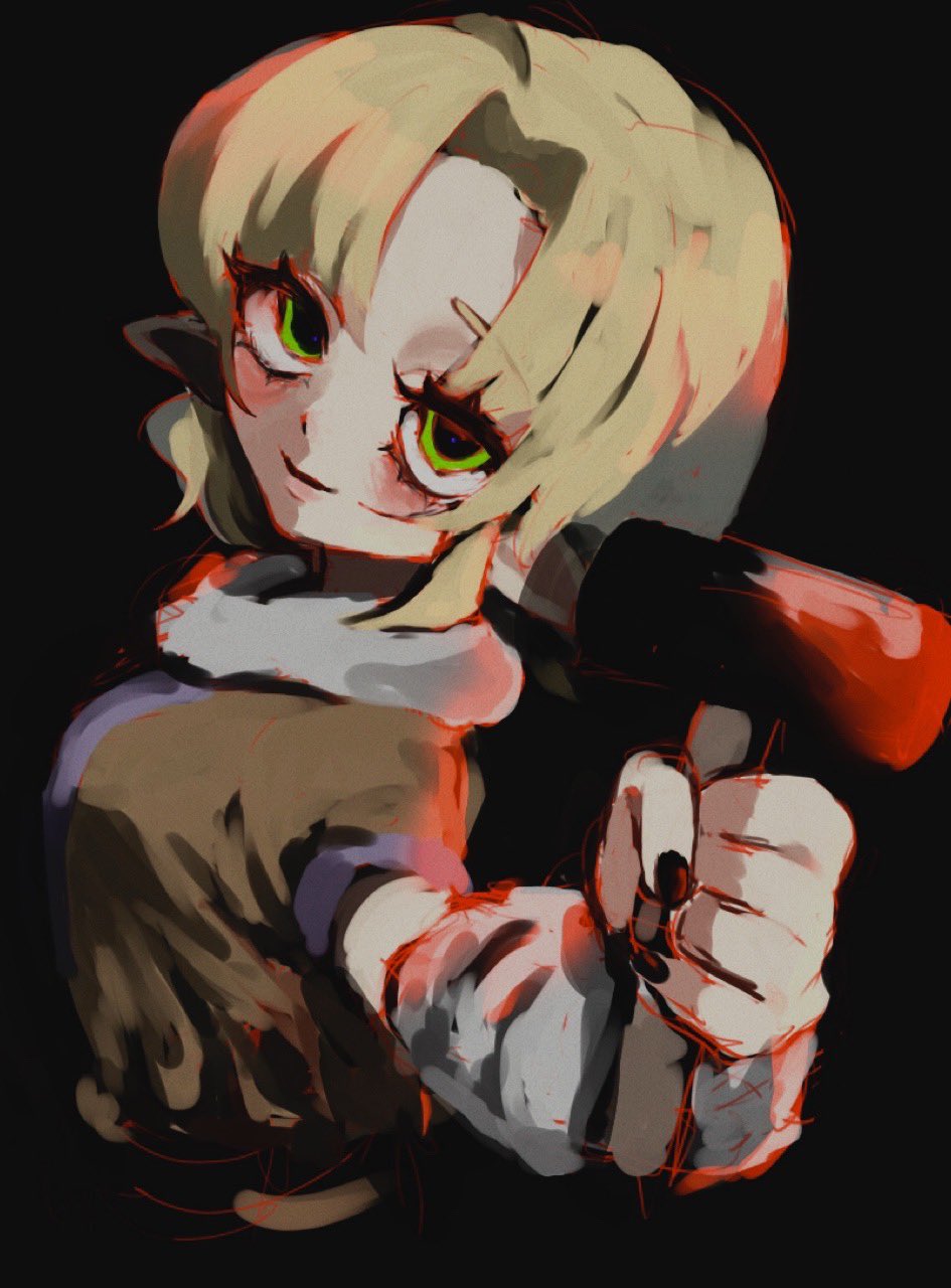 haniwa kue, mizuhashi parsee, touhou, highres, 1girl, arm warmers, black background, black nails, blonde hair, blush, brown shirt, cropped torso, fur-trimmed shirt, fur trim, green eyes, hammer, head tilt, holding, holding hammer, looking at viewer, looking to the side, medium hair, parted bangs, parted lips, pointy ears, shirt, sidelighting, simple background, smile, solo