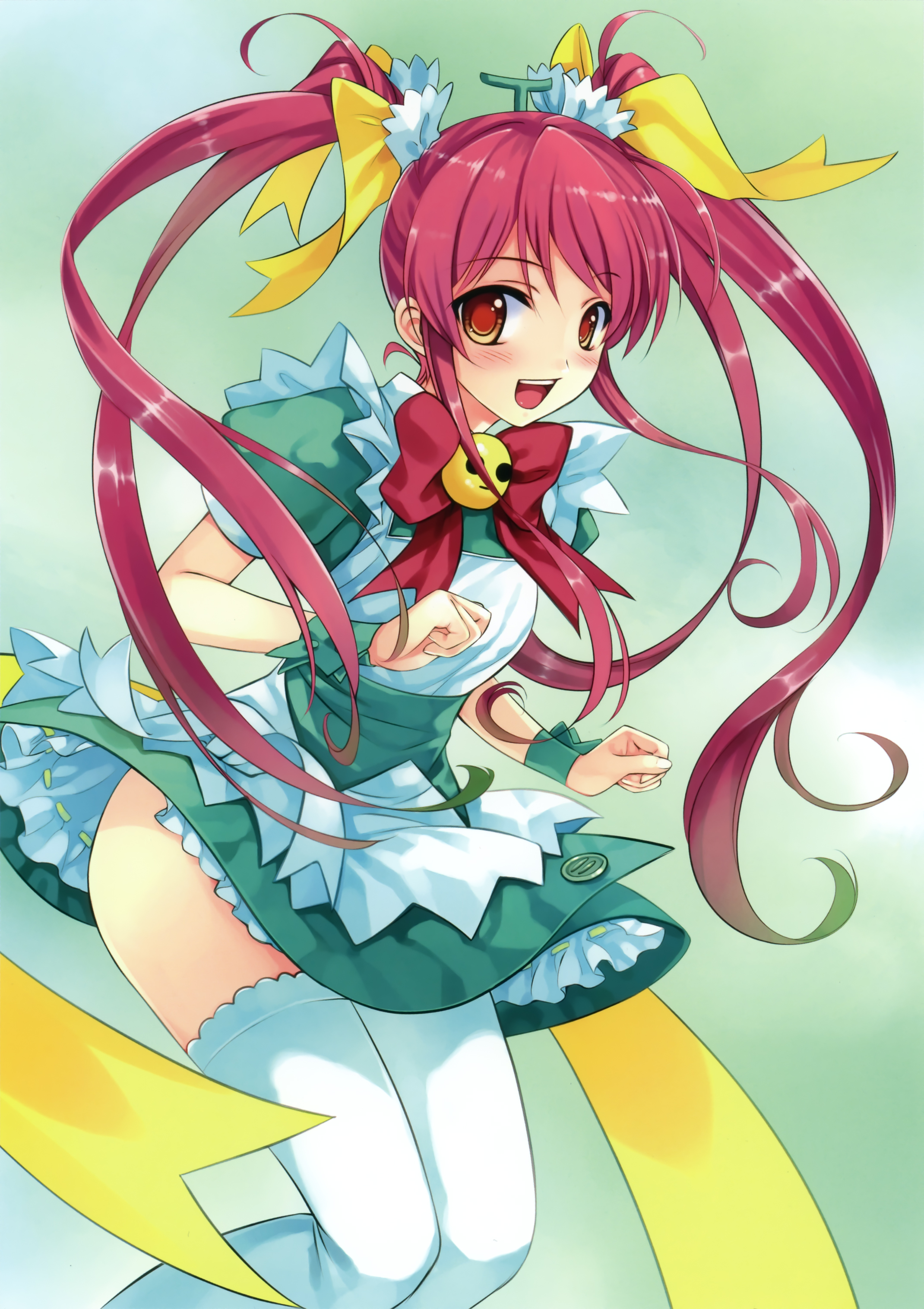 misaki kurehito, melon-chan, miyamae tomoka, abhar, melonbooks, suiheisen made nan mile?, absurdres, highres, official art, scan, 1girl, :d, ahoge, antenna hair, apron, bow, bowtie, buttons, clenched hands, cosplay, dress, female focus, flat chest, frills, gathers, gradient hair, hair bow, hair ornament, long hair, looking at viewer, melon-chan (cosplay), multicolored hair, no panties, open mouth, orange eyes, red hair, ribbon, short dress, sidelocks, smile, smiley face, solo, thighhighs, thighs, very long hair, waitress, white thighhighs, wind, wind lift, wrist cuffs, yellow bow