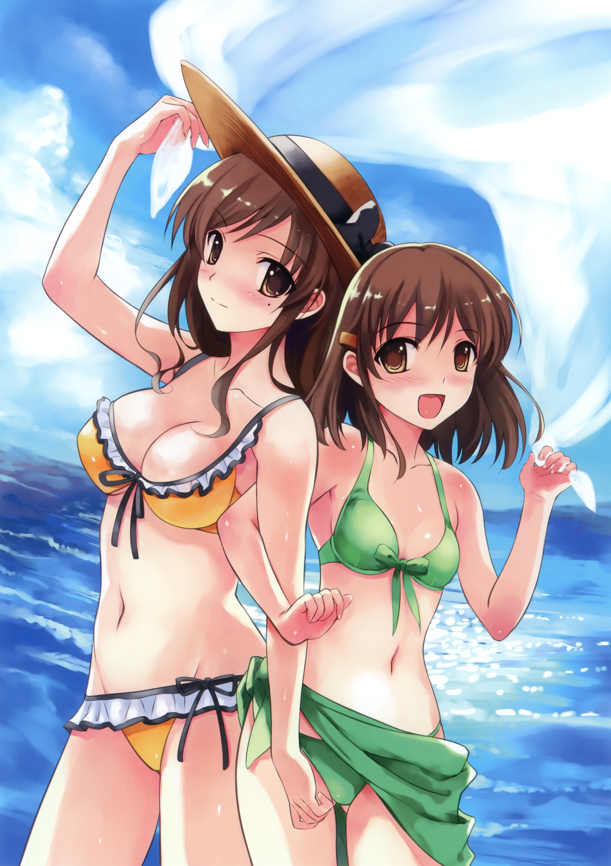 misaki kurehito, nakano hinata, tsuyazaki kokage, abhar, suiheisen made nan mile?, absurdres, highres, 2girls, bikini, blush, bow, breasts, brown hair, cleavage, cloud, day, frilled bikini, frills, front-tie top, hat, medium breasts, mole, mole under eye, multiple girls, navel, open mouth, outdoors, sarong, see-through clothes, see-through sarong, sky, sun hat, swimsuit, unworn sarong, water, yellow bikini