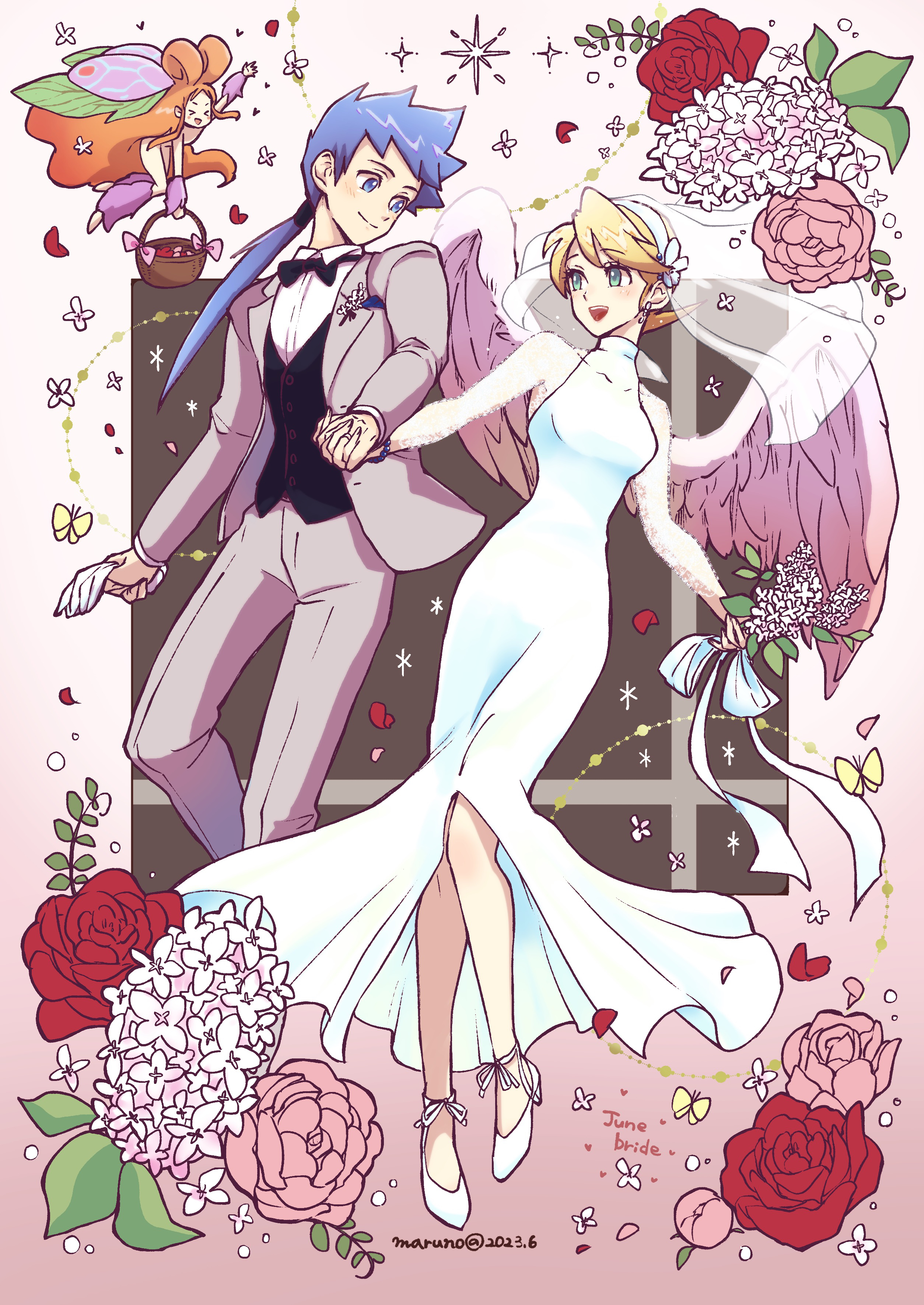 maruno, fairy (breath of fire), nina (breath of fire iv), ryu (breath of fire iv), breath of fire, breath of fire iv, absurdres, bad id, bad pixiv id, highres, 1boy, 2girls, :d, black bow, black bowtie, black vest, blue eyes, blue hair, bow, bowtie, bridal veil, closed mouth, collared shirt, couple, dated, dress, flower, formal clothes, full body, green eyes, grey jacket, grey pants, grey suit, hetero, holding, holding flower, holding hands, jacket, long hair, looking at another, multiple girls, open mouth, pants, pink flower, pink rose, pink wings, ponytail, red flower, red rose, rose, shirt, shoes, short hair, smile, suit, veil, vest, waistcoat, white dress, white flower, white shirt, white shoes, wings