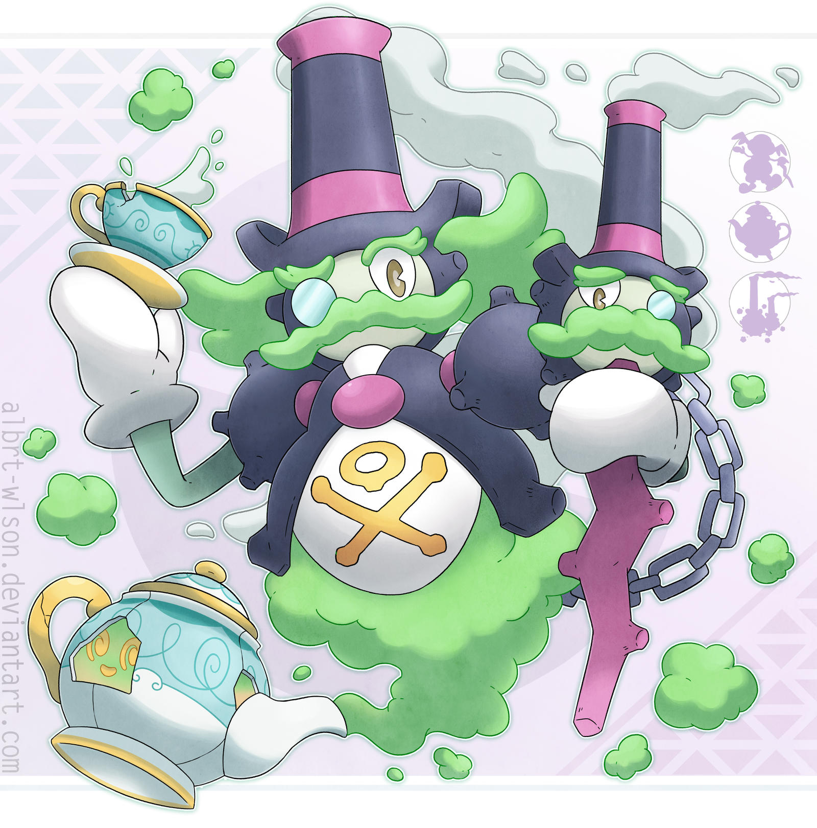 albrt-wlson, galarian weezing, mr. rime, polteageist, nintendo, pokemon, commentary, english commentary, highres, chain, cup, deviantart username, full body, fusion, galarian form, gas, gen 8 pokemon, gloves, holding, holding plate, monocle, multiple heads, opaque monocle, plate, skull and crossbones, smile, steam, teacup, watermark, web address, white gloves