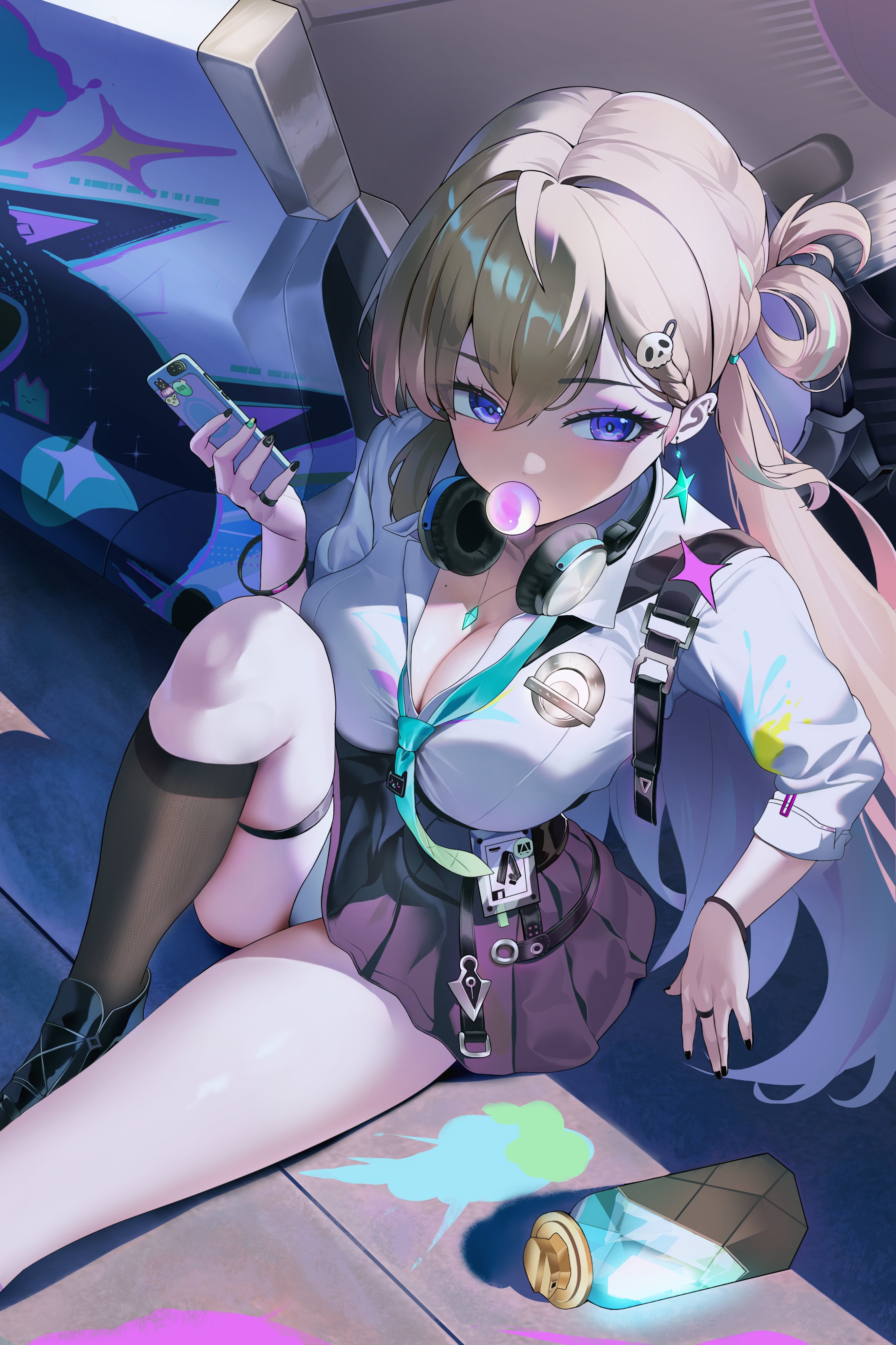 natu (natu sod), lynae (wuthering waves), wuthering waves, absurdres, commentary, english commentary, highres, 1girl, aqua necktie, black skirt, blonde hair, blowing bubble gum, braid, braided bangs, breasts, chewing gum, cleavage, earrings, graffiti, hair ornament, headphones, headphones around neck, jewelry, large breasts, necktie, panties, panty peek, purple eyes, shirt tucked in, sitting, skirt, skull hair ornament, solo, spray can, star (symbol), star earrings, underwear, white panties