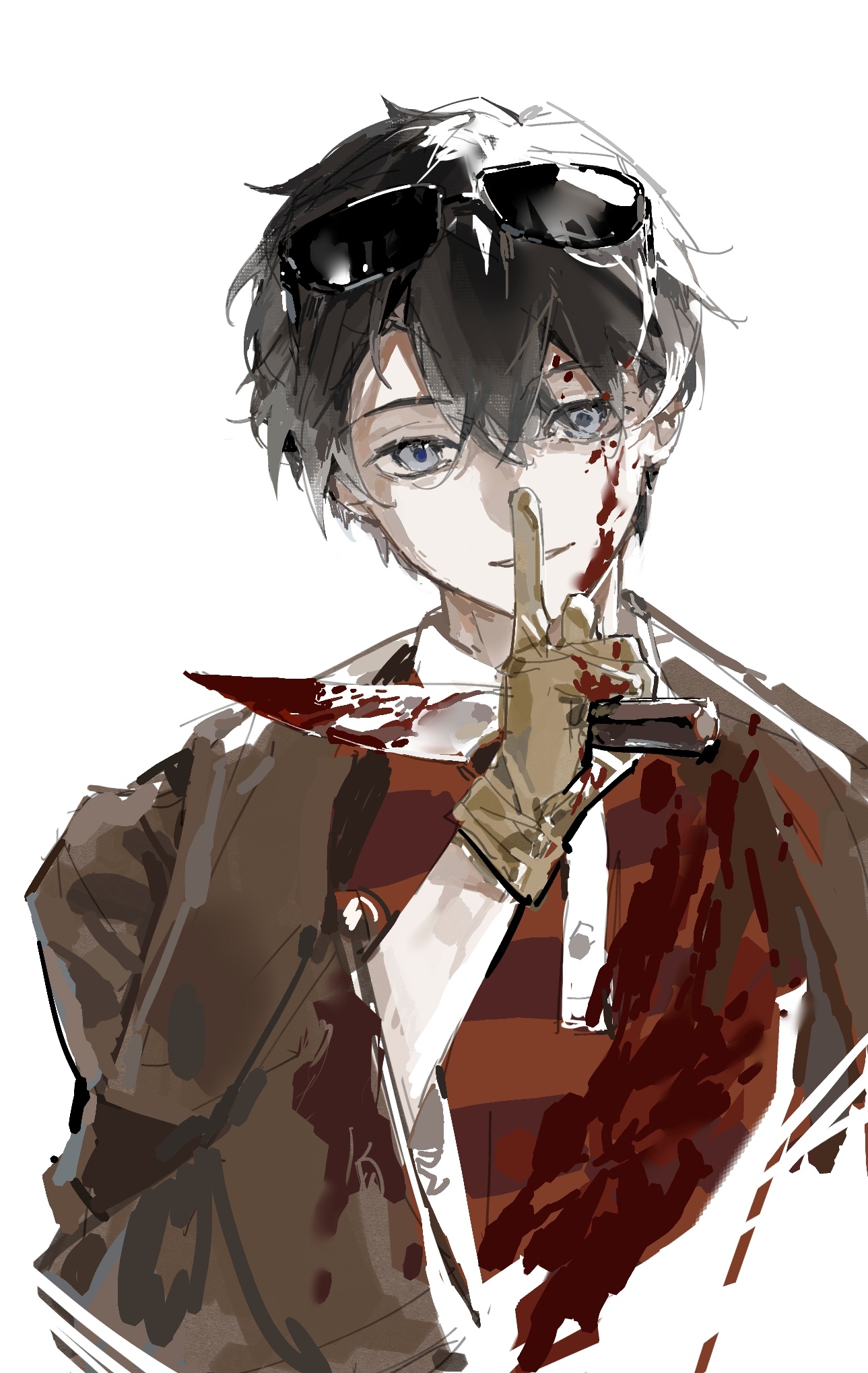 ateveryone, chinese commentary, commentary request, highres, 1boy, black hair, blood, blood on clothes, blood on face, blood on hands, bloody knife, blue eyes, brown jacket, eyewear on head, finger to mouth, gloves, hair between eyes, head tilt, holding, holding knife, index finger raised, jacket, kitchen knife, knife, lanbaoshi ban de beihai wangxiang shaonu, long sleeves, looking at viewer, open clothes, open jacket, parted lips, polo shirt, red shirt, shirt, short hair, shushing, simple background, smile, solo, straight-on, striped clothes, striped shirt, sunglasses, upper body, white background, xia wu, yellow gloves