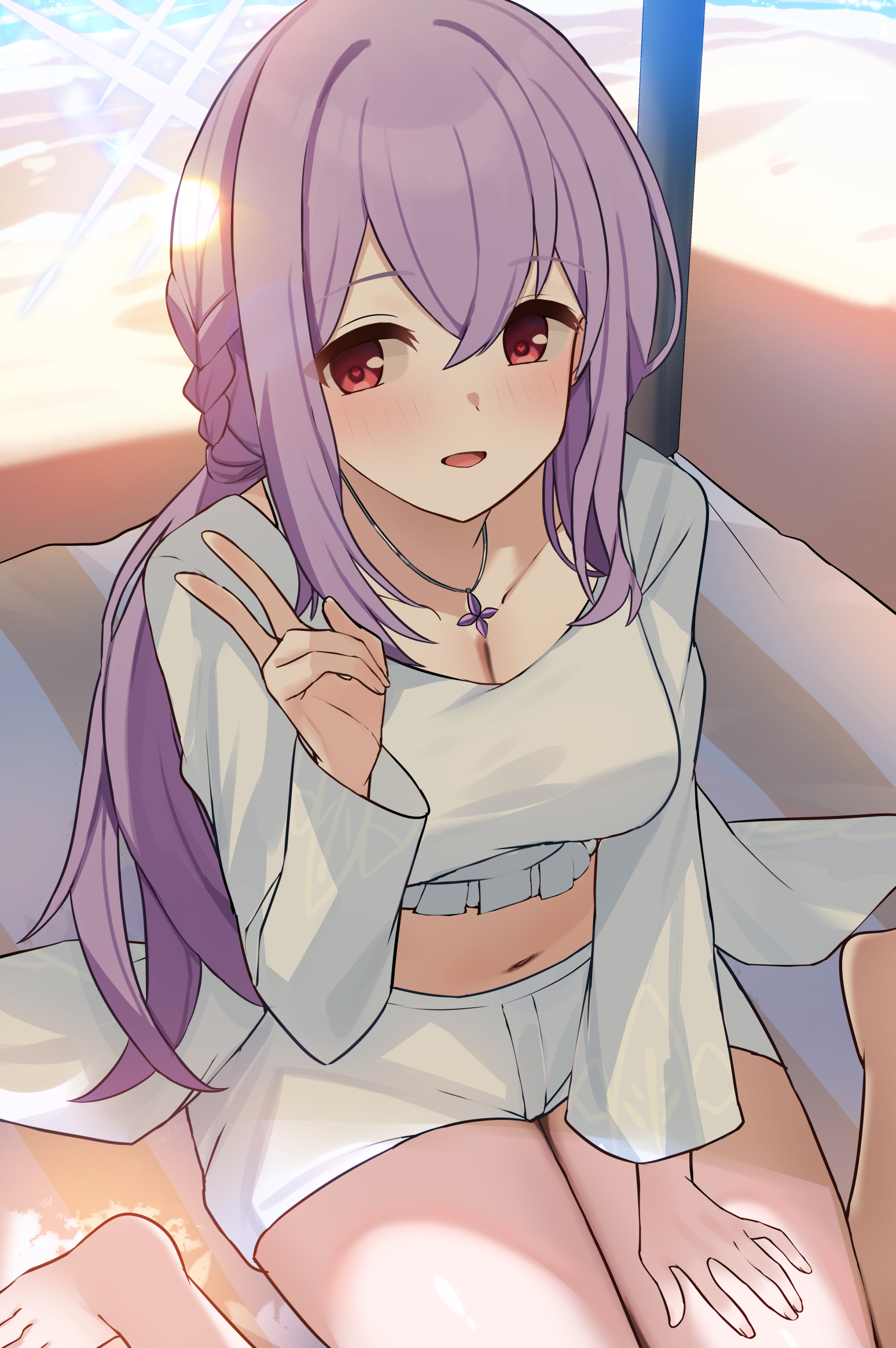 mi taro333, atsuko (blue archive), atsuko (swimsuit) (blue archive), blue archive, commentary request, highres, 1girl, beach, bikini, breasts, cleavage, collarbone, cross halo, frilled bikini, frills, halo, hand on own thigh, heart, heart-shaped pupils, heart in eye, jewelry, navel, necklace, official alternate costume, purple hair, red eyes, sand, shade, sitting, swimsuit, symbol-shaped pupils, symbol in eye, thighs, towel, v, water, white bikini, white halo