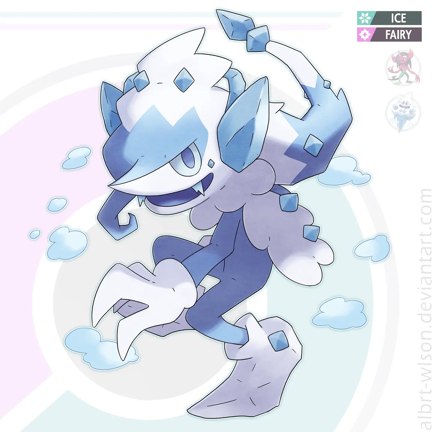 albrt-wlson, morgrem, vanillish, nintendo, pokemon, commentary, english commentary, highres, blue eyes, deviantart username, english text, fangs, full body, fusion, gen 5 pokemon, gen 8 pokemon, ice, official art inset, open mouth, pointy nose, pokemon (creature), pokemon focus, refernece inset, smile, solo, watermark, web address