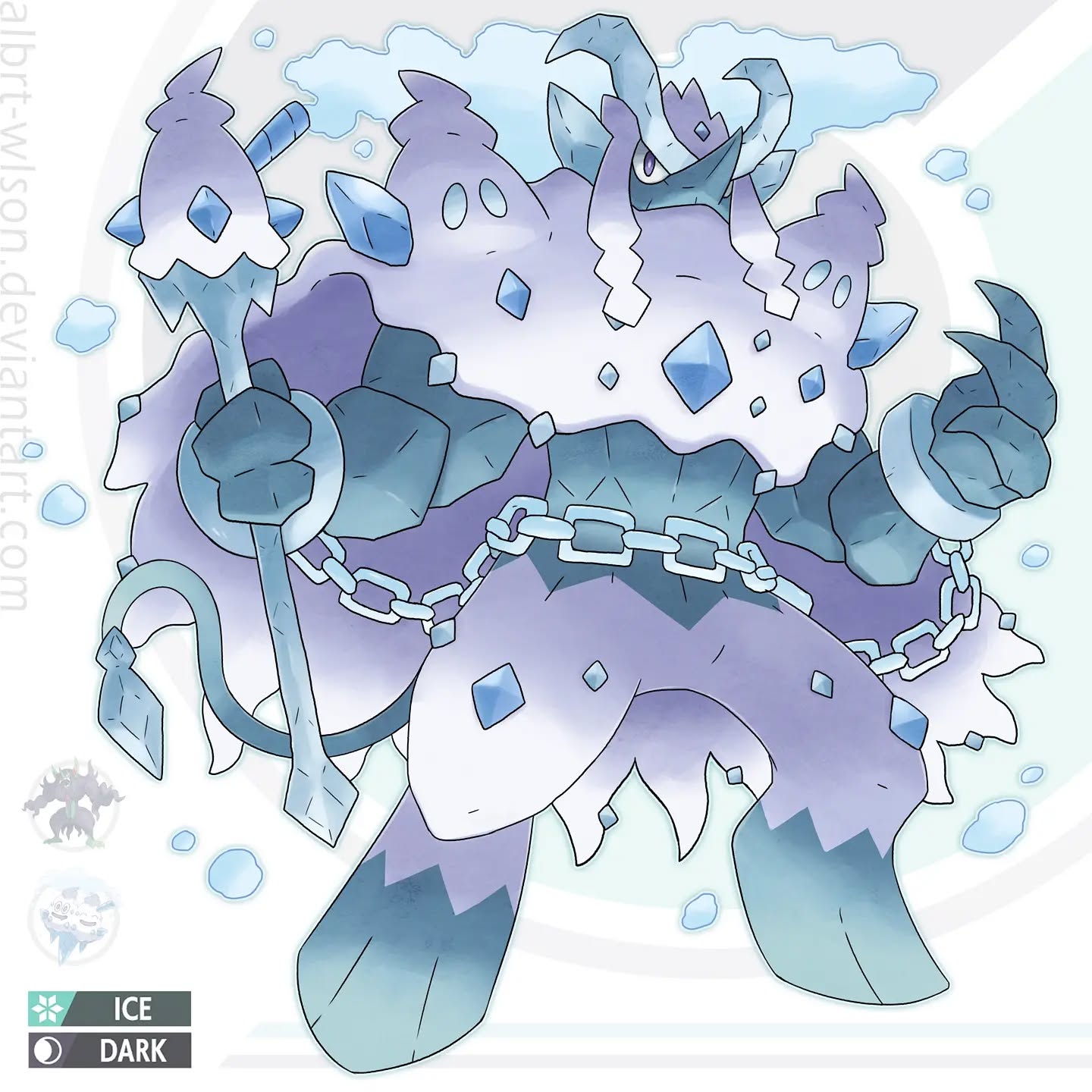 albrt-wlson, grimmsnarl, vanilluxe, nintendo, pokemon, commentary, english commentary, highres, chain, closed mouth, deviantart username, english text, full body, fusion, gen 5 pokemon, gen 8 pokemon, holding, horns, ice, official art inset, pointy nose, pokemon (creature), pokemon focus, reference inset, solo, standing, tail, watermark, web address