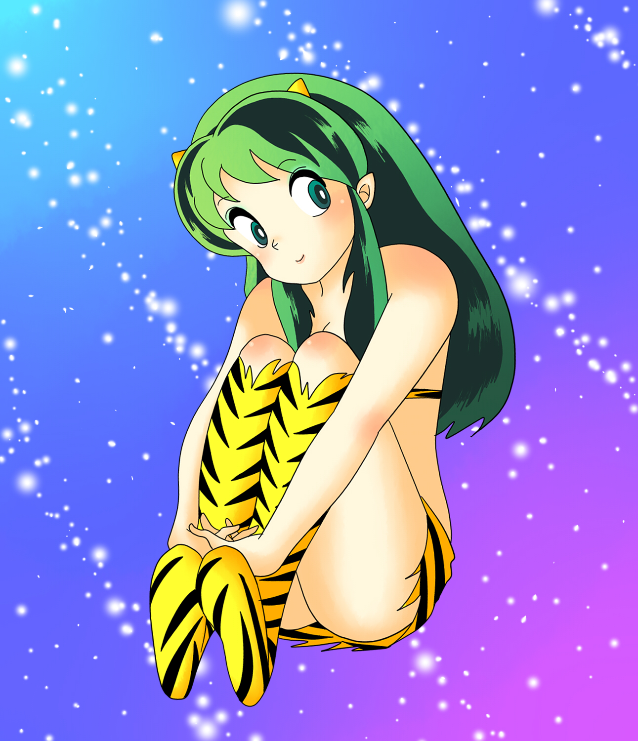 lum, urusei yatsura, highres, 1girl, bikini, blue eyes, bra, female focus, full body, gradient background, green hair, horns, legs, lingerie, long hair, oni, smile, solo, swimsuit, thighs, underwear