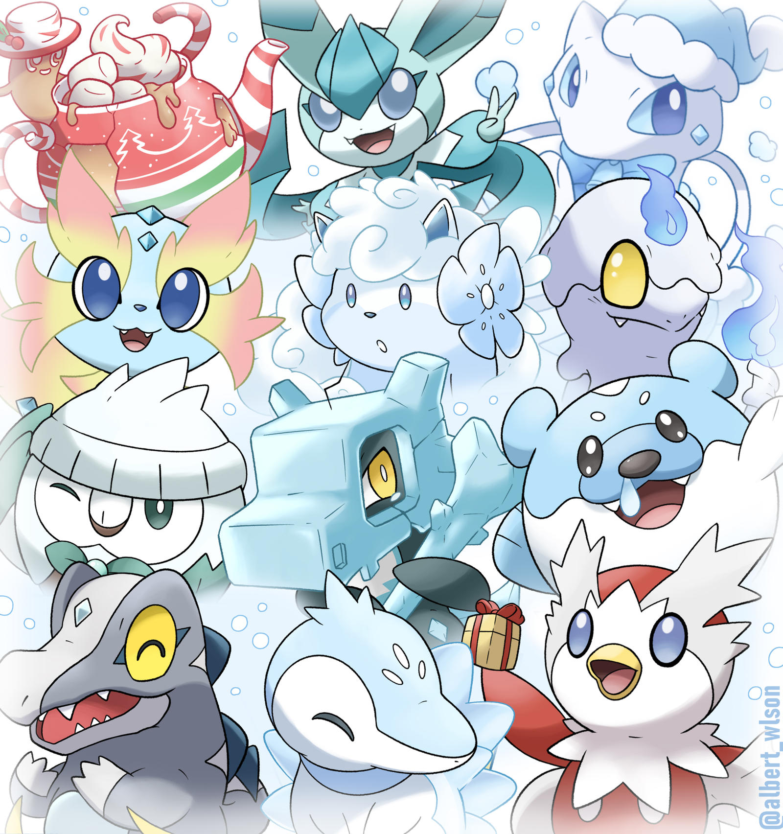 albrt-wlson, alcremie, alolan vulpix, amaura, charmander, cubchoo, cubone, cyndaquil, delibird, eiscue, eiscue (ice), frigibax, glaceon, litwick, mew (pokemon), piplup, polteageist, rowlet, shaymin, shaymin (land), snom, snover, spheal, sprigatito, totodile, vanillite, victini, nintendo, pokemon, commentary, english commentary, highres, :3, :o, alolan form, bell, bell bow, blue bow, blue eyes, blue fire, blue hat, bow, box, bright pupils, candy, candy cane, christmas present, closed eyes, closed mouth, crack, fangs, fire, food, fusion, gen 1 pokemon, gen 2 pokemon, gen 3 pokemon, gen 4 pokemon, gen 5 pokemon, gen 6 pokemon, gen 7 pokemon, gen 8 pokemon, gift, gift box, hat, holding, holding box, holding gift, hot chocolate, ice, instagram username, legendary pokemon, marshmallow, mythical pokemon, no humans, one eye closed, open mouth, pokemon (creature), pokemon focus, sharp teeth, smile, snot, teapot, teeth, v, whipped cream, white hat, white pupils, yellow eyes