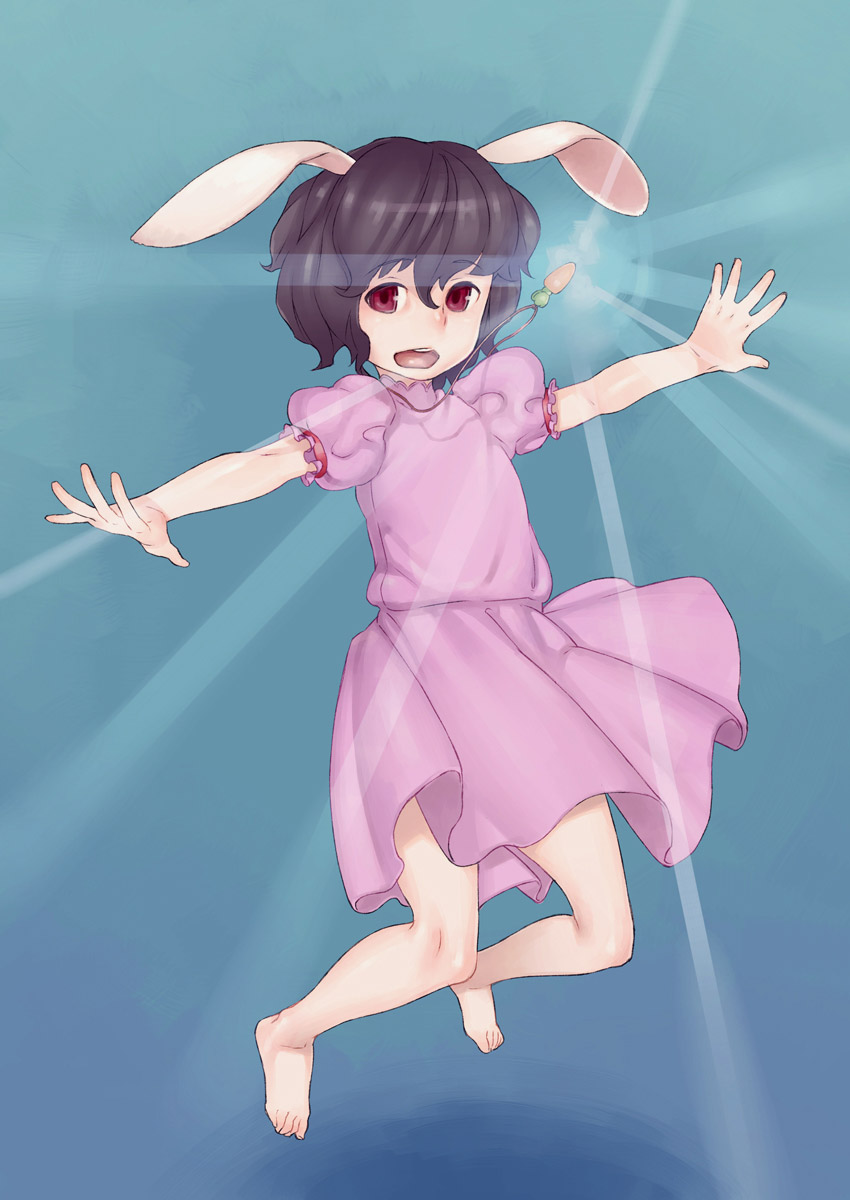 harmaline, inaba tewi, touhou, highres, 1girl, animal ears, barefoot, feet, female focus, glowing, jewelry, jumping, outstretched arms, pendant, rabbit ears, solo, spread arms
