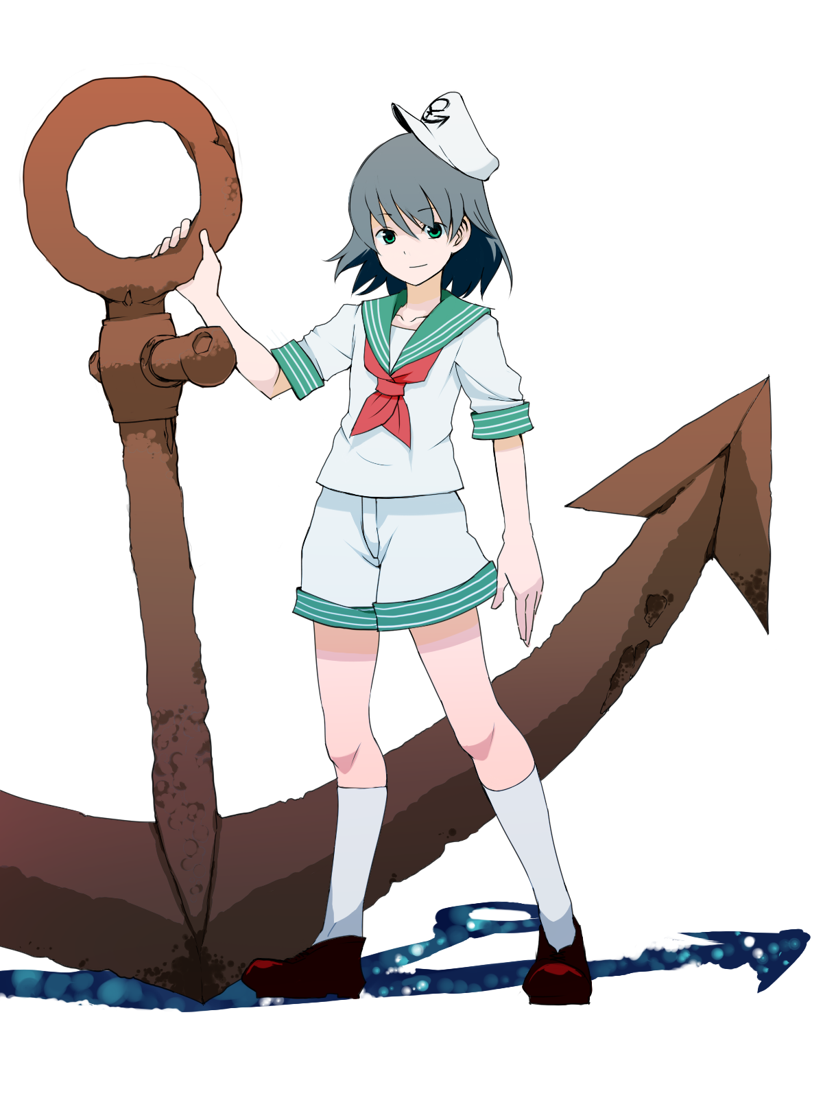 yokohachi, murasa minamitsu, touhou, highres, 1girl, anchor, black hair, female focus, green eyes, hat, kneehighs, light smile, sailor, sailor hat, short hair, simple background, socks, solo, standing, white socks
