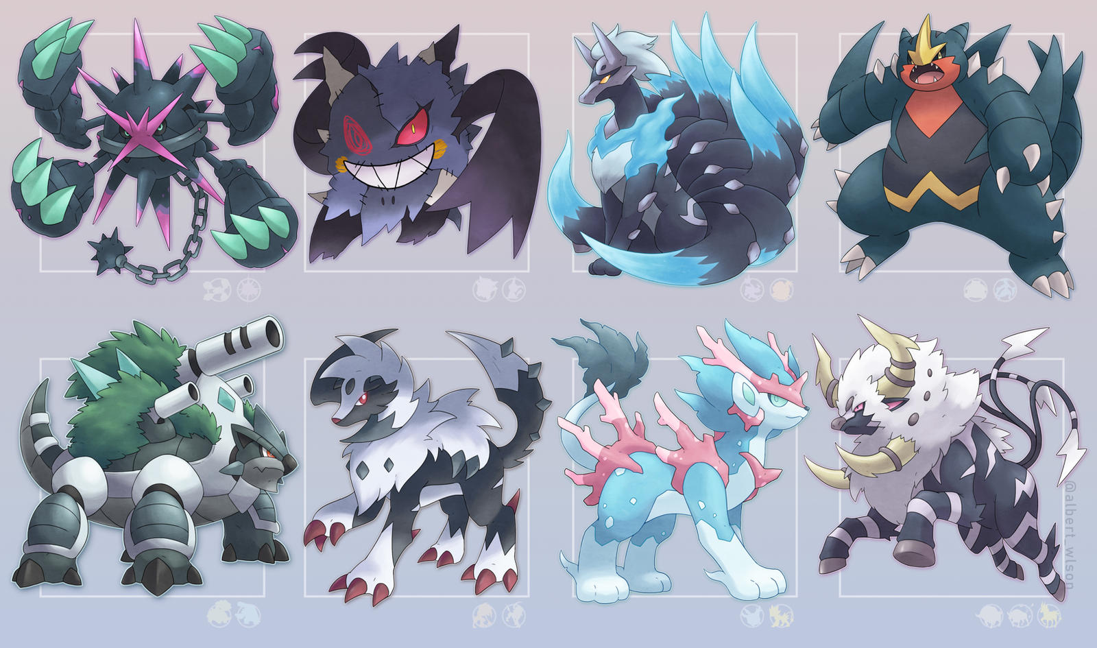 albrt-wlson, absol, alolan marowak, blastoise, bouffalant, corsola, garchomp, gengar, luxray, lycanroc, lycanroc (midnight), mega blastoise, mega metagross, metagross, mimikyu, ninetales, overqwil, snorlax, tauros, torterra, zebstrika, nintendo, pokemon, commentary, commission, english commentary, highres, alolan form, black sclera, blue fire, bright pupils, cannon, chain, claws, closed mouth, colored sclera, fangs, fire, full body, fusion, gen 1 pokemon, gen 2 pokemon, gen 3 pokemon, gen 4 pokemon, gen 5 pokemon, gen 7 pokemon, green eyes, grey background, horns, mega pokemon, multiple tails, no humans, open mouth, pokemon (creature), pokemon focus, red eyes, sharp teeth, smile, spikes, stitches, tail, teeth, v-shaped eyes, white pupils, yellow eyes