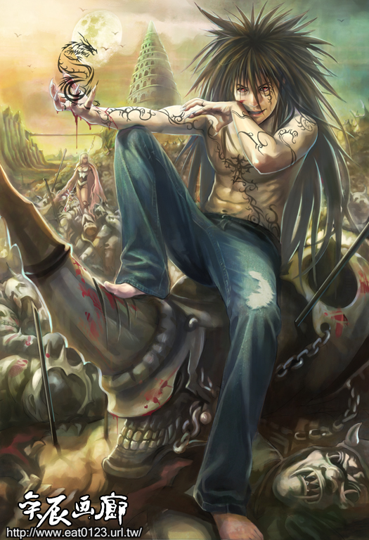 eat0123, demon yuusuke, genkai, urameshi yuusuke, yuu yuu hakusho, 1boy, alternate form, barefoot, brown hair, demon, denim, jeans, long hair, male focus, pants, realistic, tattoo, topless male, watermark, web address
