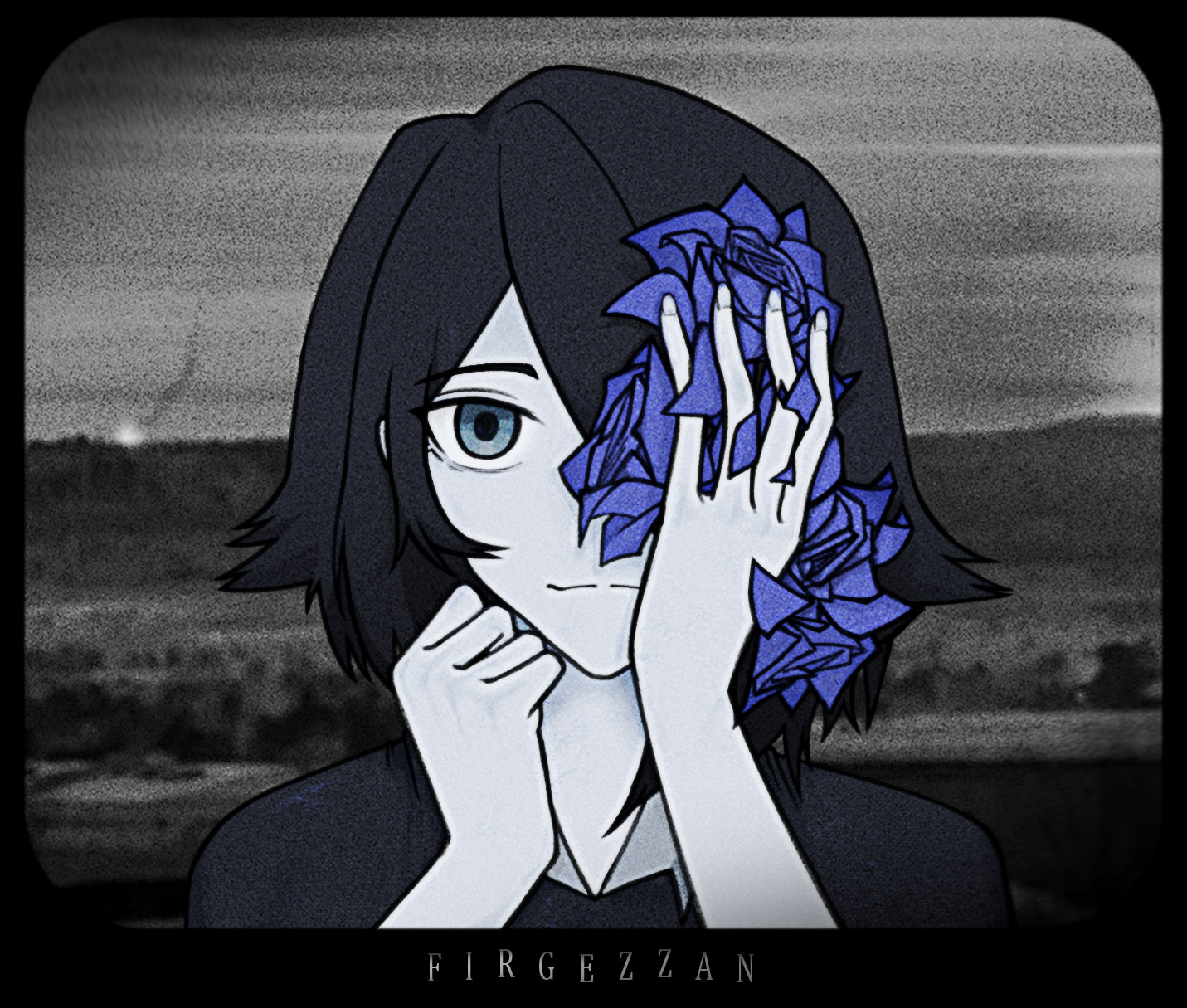 blue eye, commentary, english commentary, highres, 1girl, black hair, blue flower, blue rose, capelet, film grain, flower, hair over one eye, hand on own face, hands on own face, happy, monochrome background, rose, wonder demise