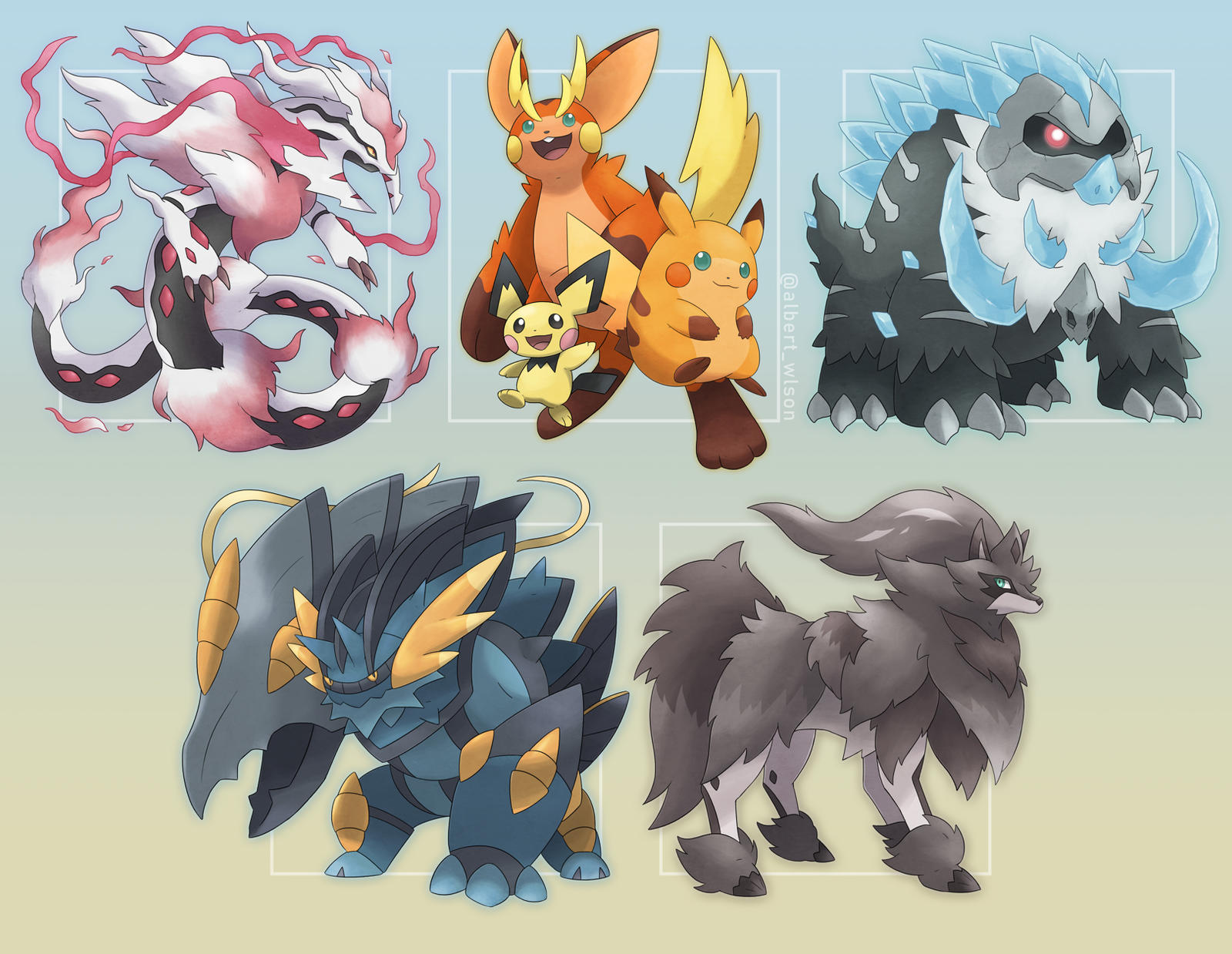 albrt-wlson, alolan sandslash, clawitzer, duskull, gorochu, hisuian zoroark, mamoswine, mega rayquaza, mega swampert, pichu, pikachu, rayquaza, swampert, zamazenta, nintendo, pokemon, commentary, commission, english commentary, highres, alolan form, closed mouth, fusion, gen 1 pokemon, gen 2 pokemon, gen 3 pokemon, gen 4 pokemon, gen 6 pokemon, gen 7 pokemon, gen 8 pokemon, green eyes, ice, legendary pokemon, mega pokemon, no humans, nostrils, open mouth, pokemon (creature), pokemon focus, smile