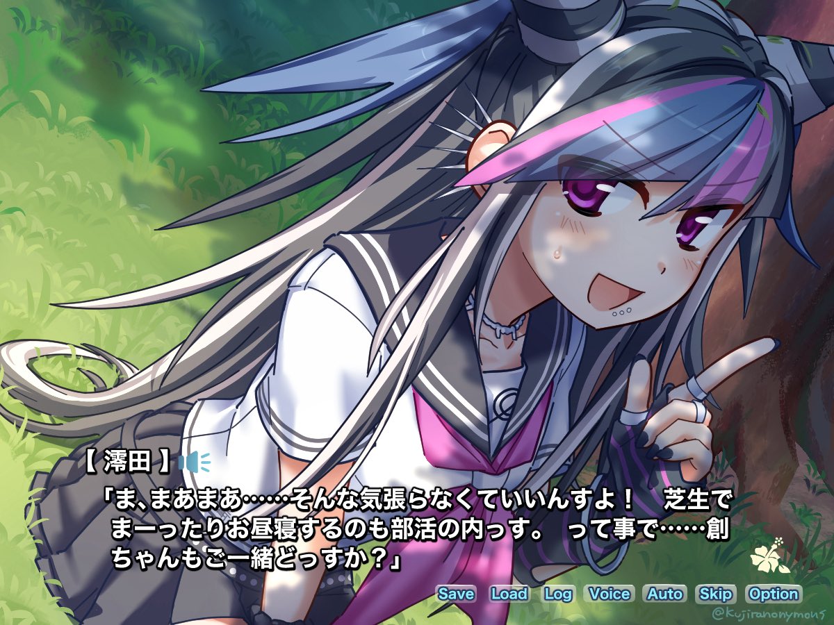 mei guchuan, mioda ibuki, danganronpa (series), danganronpa 2: goodbye despair, commentary request, translation request, 1girl, :d, black hair, black sailor collar, blush, collarbone, day, ear piercing, face piercing, gloves, grass, hair horns, index finger raised, jewelry, long hair, mouth piercing, multicolored hair, neckerchief, open mouth, outdoors, piercing, pink eyes, pink hair, pink neckerchief, ring, sailor collar, shirt, short sleeves, smile, solo, striped clothes, striped gloves, tree, white hair, white shirt