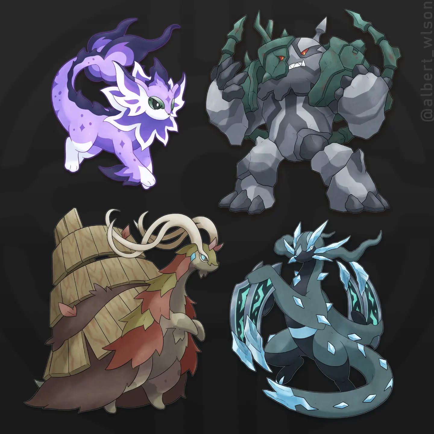 albrt-wlson, chi-yu (pokemon), chien-pao, electivire, hisuian goodra, mienshao, ting-lu, vaporeon, wo-chien, nintendo, pokemon, commentary, english commentary, highres, alternate color, full body, gen 1 pokemon, gen 4 pokemon, gen 5 pokemon, instagram username, no humans, pokemon (creature), pokemon focus, shiny pokemon