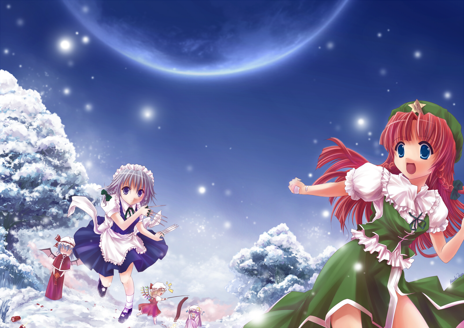 mitsuki riya, shimotsukiriya, flandre scarlet, hong meiling, izayoi sakuya, patchouli knowledge, remilia scarlet, embodiment of scarlet devil, touhou, silver hair, bad id, bad pixiv id, highres, 5girls, between fingers, blouse, blue eyes, braid, covering own ears, female focus, hat, holding, mob cap, multiple girls, outdoors, red hair, shirt, side braid, sitting, snowing, standing, twin braids, white shirt, winter